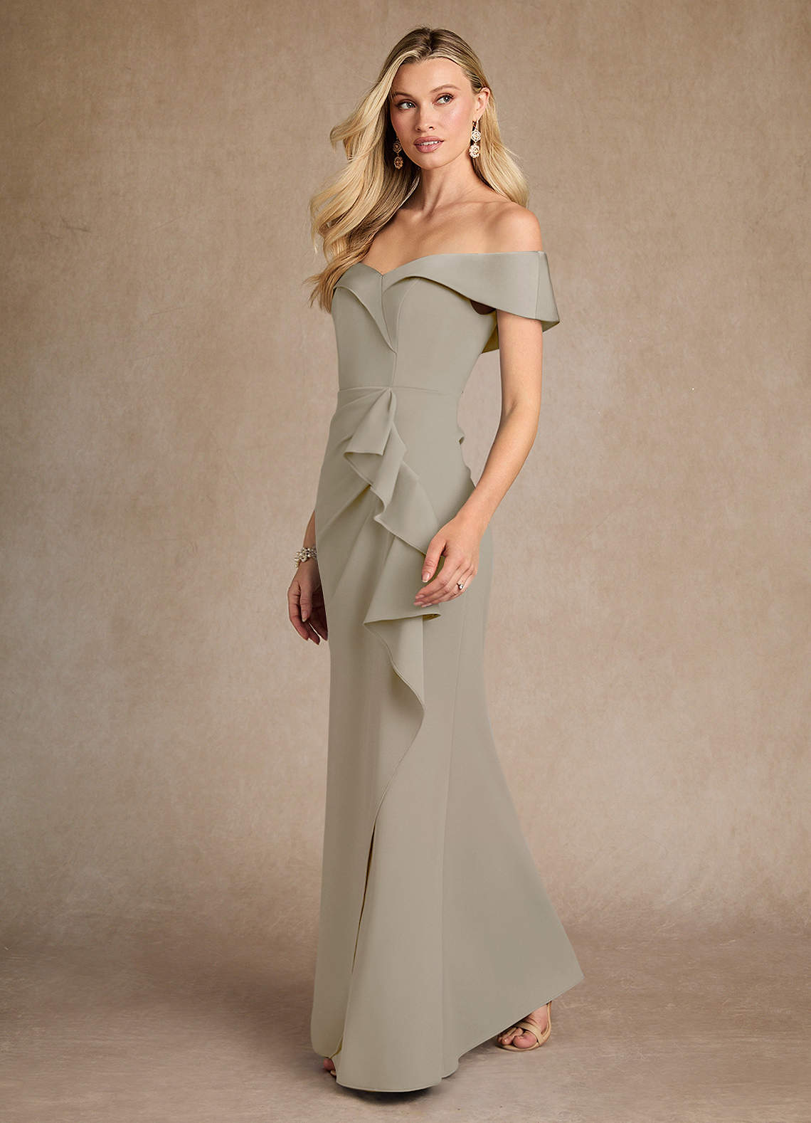 Azazie Laredo Taupe Mermaid Off the Shoulder Stretch Crepe Dress