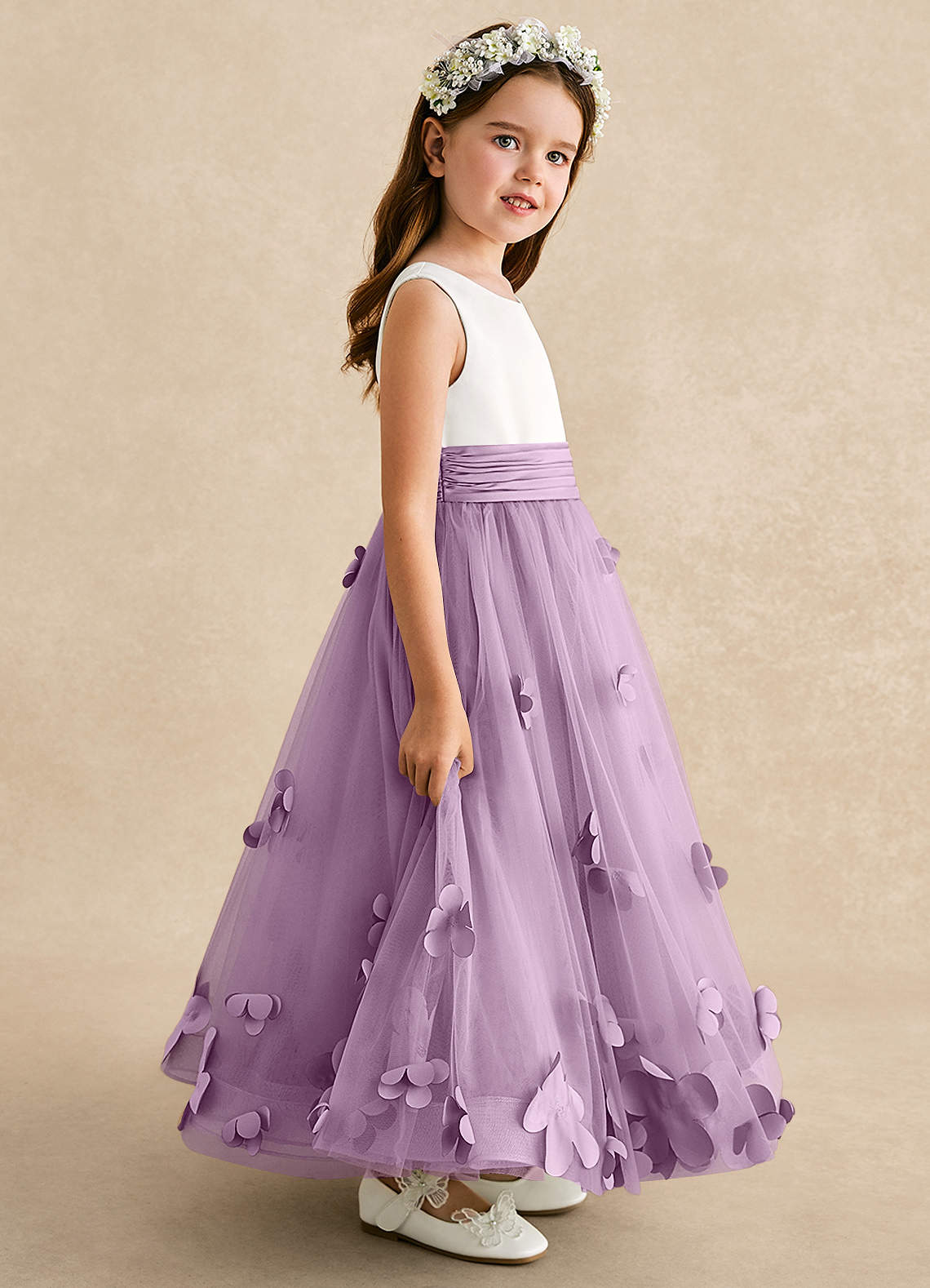 Azazie Vi Robe Demoiselle D'honneur Fillette Robe Trapèze en Tulle Sans manches Glycine image6