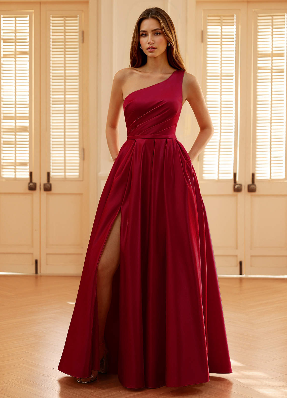 knee length dresses for ladies Dark Red Sequins A-line One Shoulder Sparkly Long Evening Prom Dresses –  MarryLover main image 0