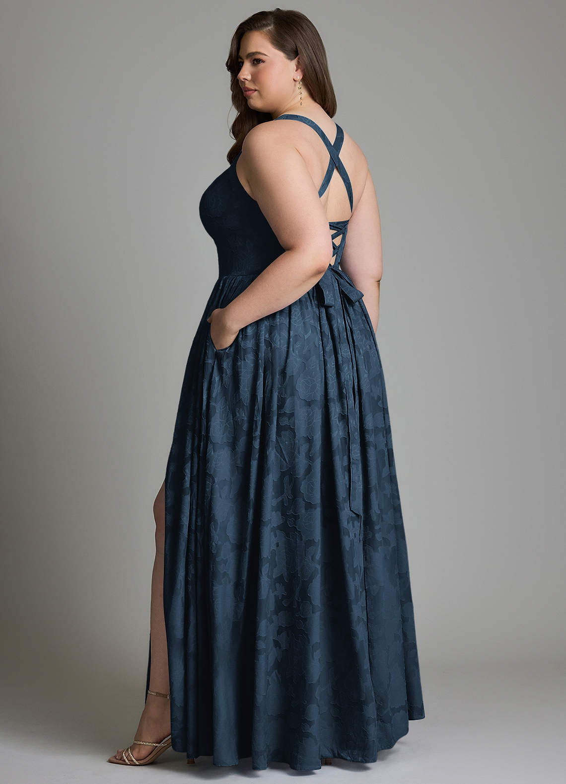 Azazie Francis At-home Try On Dresses Dark Navy A-Line Corset Floral Burnout Dress image9