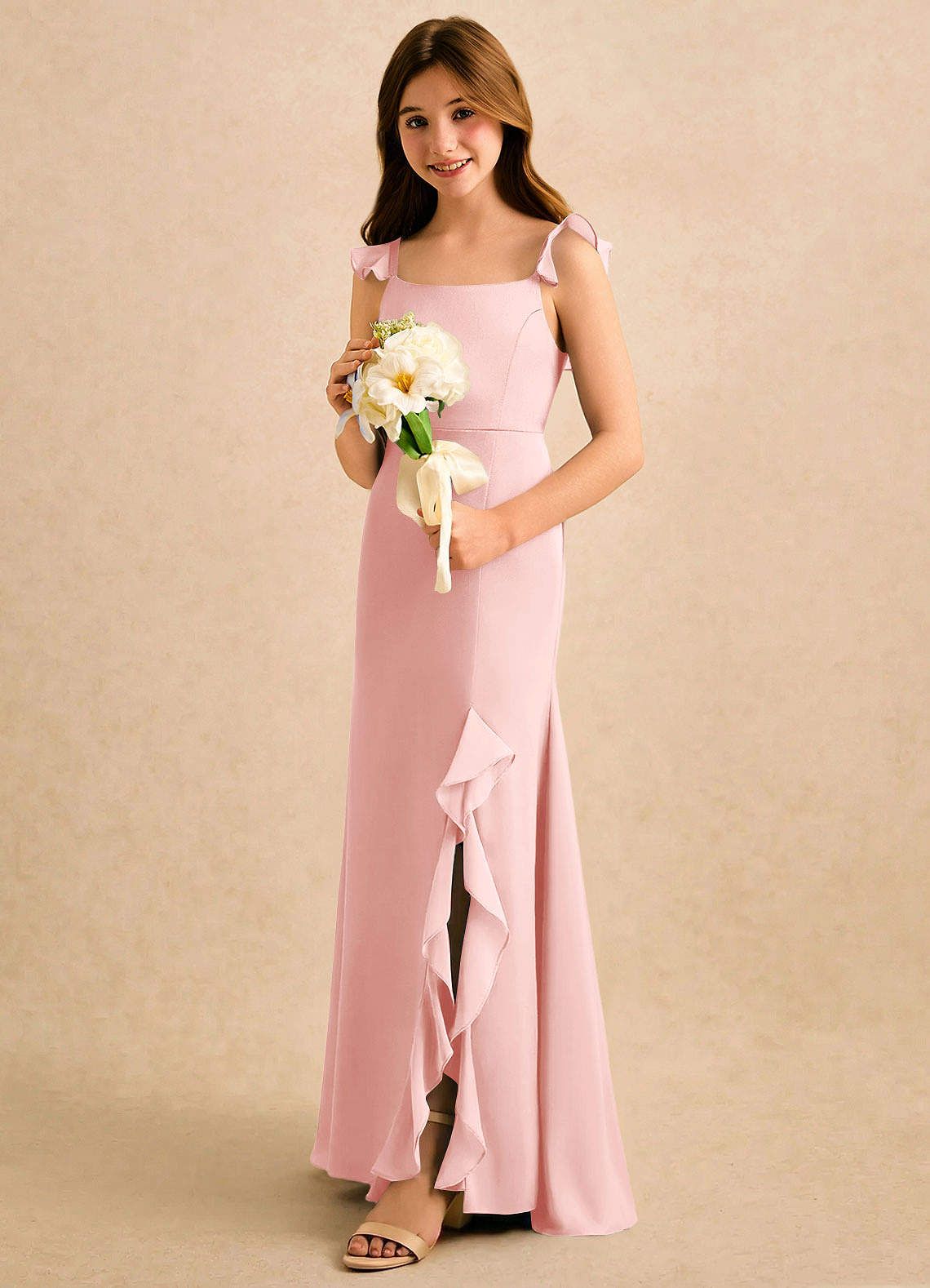 Azazie Novalie Girls Formal Flower Girl Dresses Powder Pink Mermaid Bow Stretch Satin Dress image1