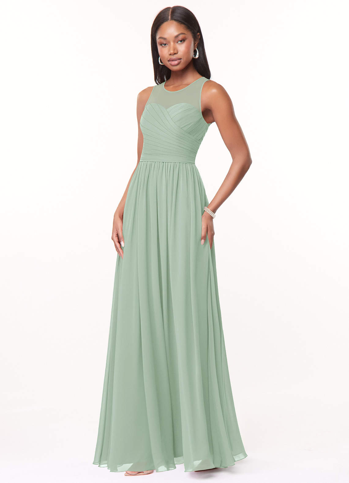 Azazie Nina Robes de demoiselle d'honneur Robe Trapèze en Mousseline de soie Plissée Agave image3