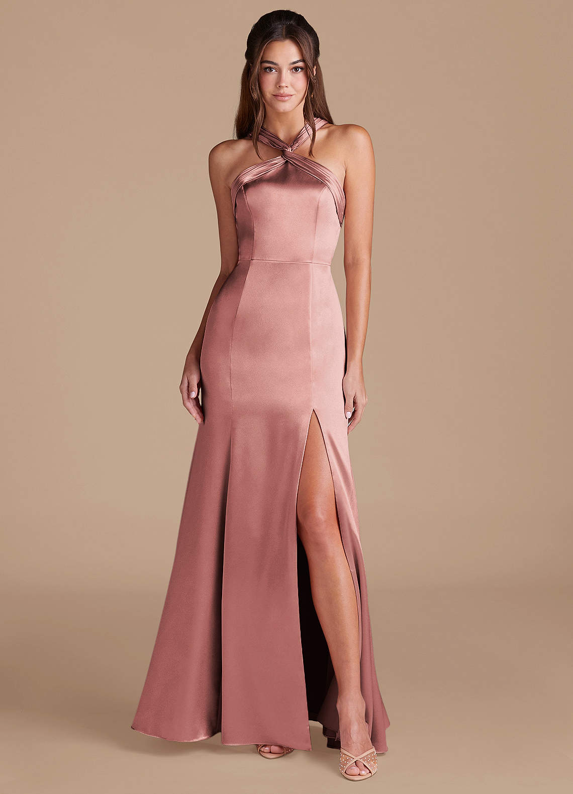 Azazie Rue Bridesmaid Dresses Dusty Rose Sheath Pleated Metallic Satin Dress image1