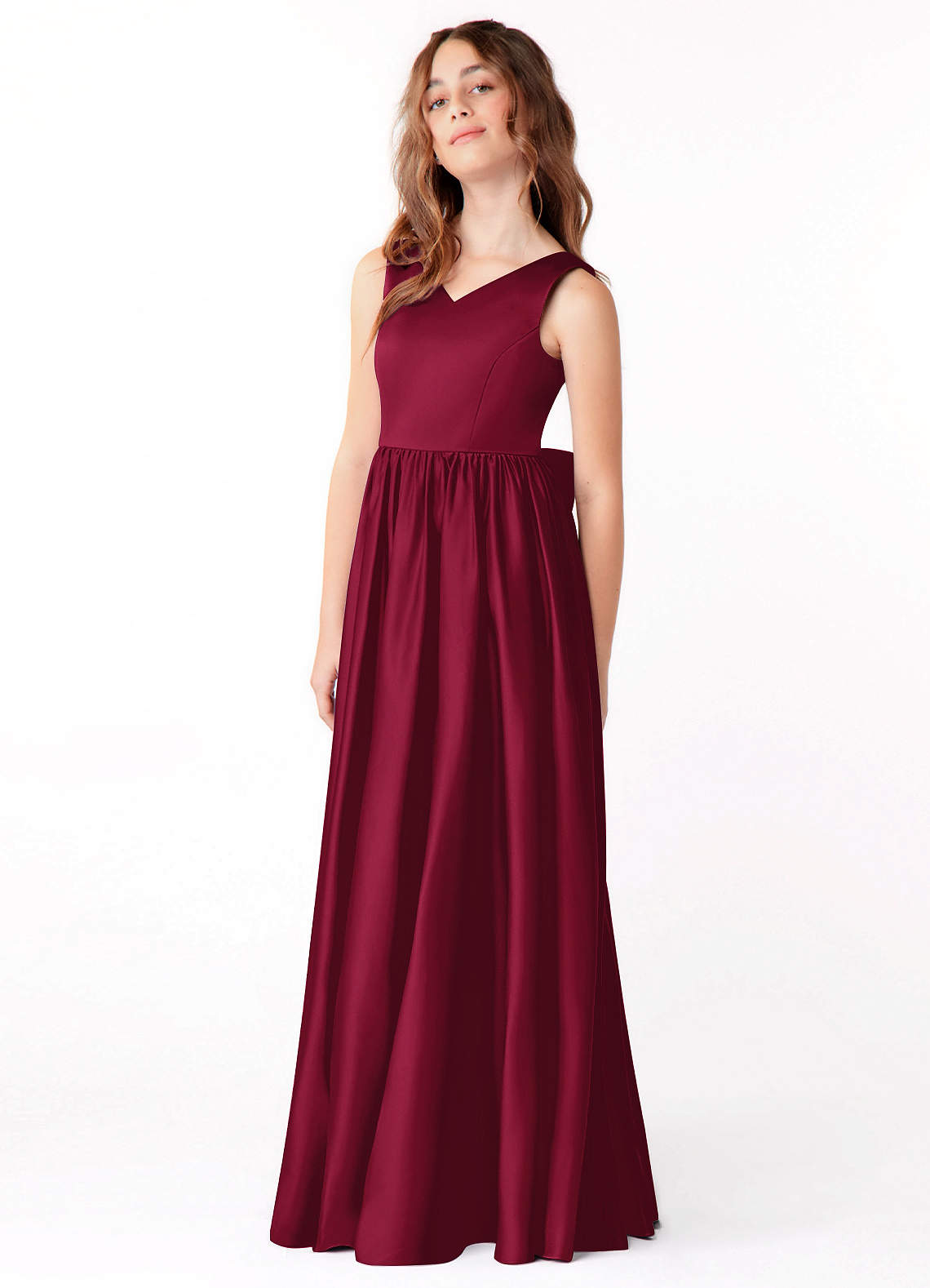 Azazie Hathaway Junior Burgundy A-Line Bow Stretch Satin Dress image3