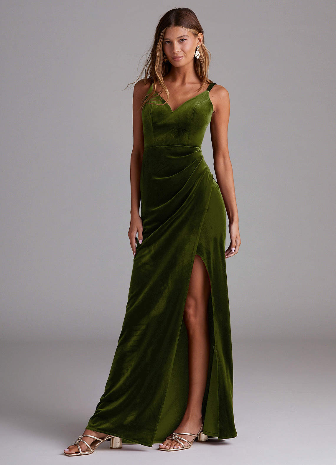 Azazie Leo Bridesmaid Dresses Olive Sheath Pleated Velvet Dress image1
