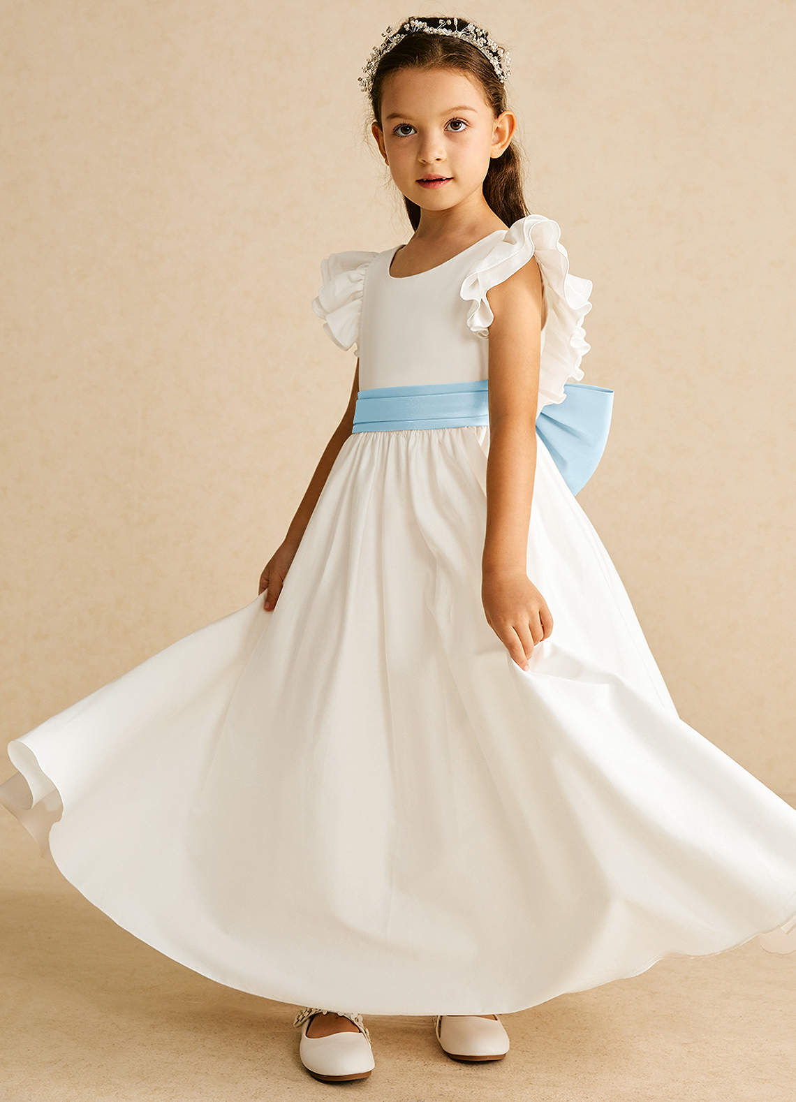 Azazie Aero Flower Girl Dresses Ivory Sky Blue A-Line Pleated Cotton Dress image1