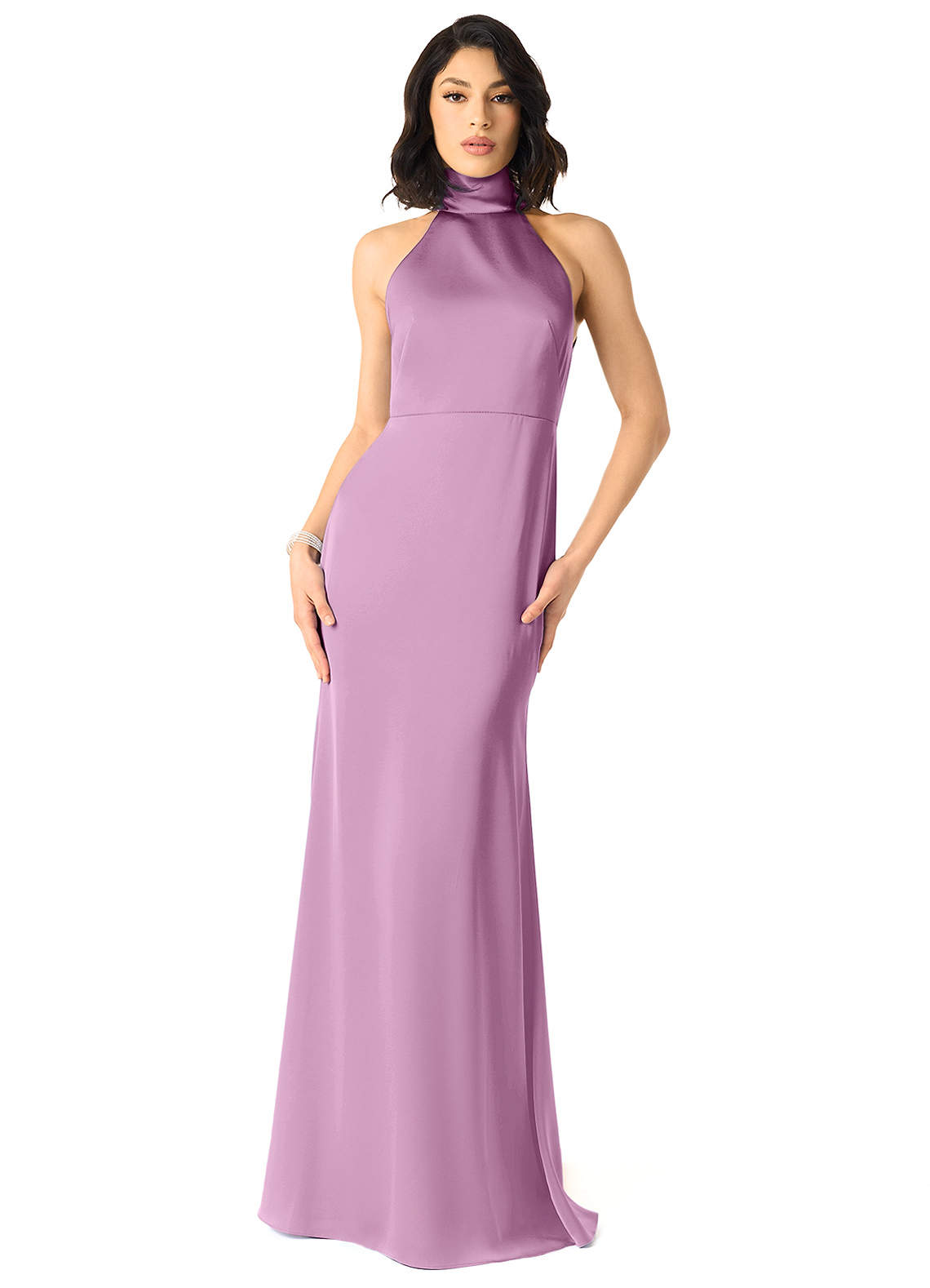 Azazie x Delaney Robes de demoiselle d'honneur Robe Fourreau en Satin extensible Col Haut Glycine image1