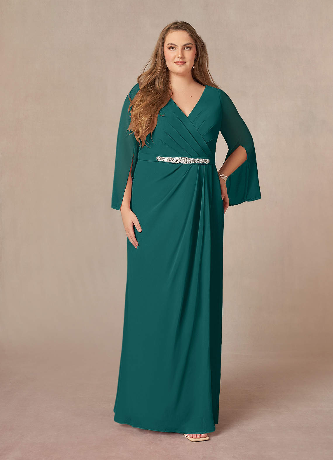 Azazie Belinda Mother of the Bride Dresses Peacock A-Line V-Neck Pleated Chiffon Dress image1