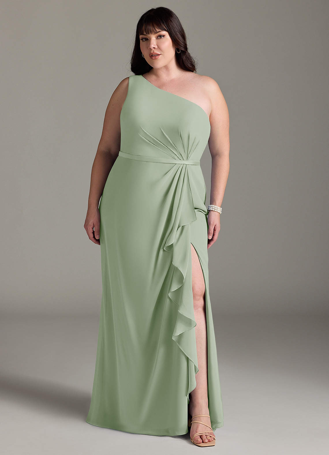 Azazie Liza Bridesmaid Dresses Dusty Sage Mermaid One Shoulder Chiffon Dress image1