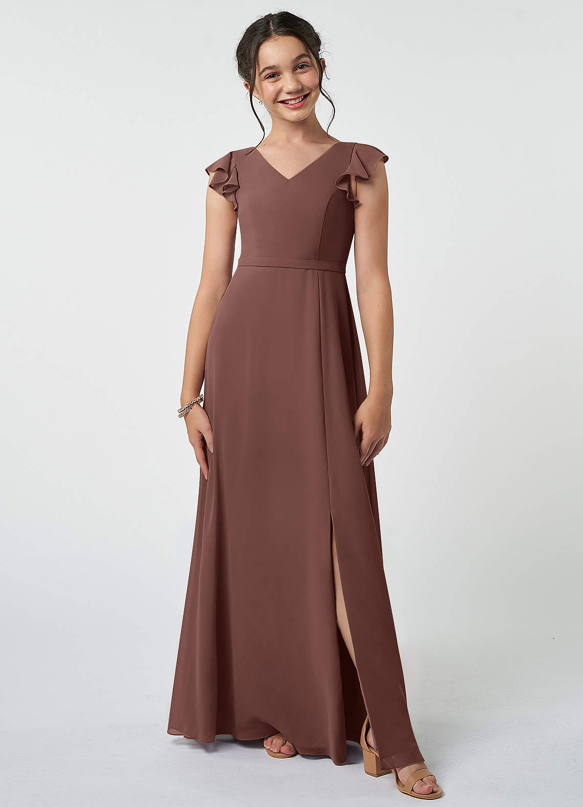 Azazie Claudine Junior Espresso A-Line Pleated Chiffon Dress image1