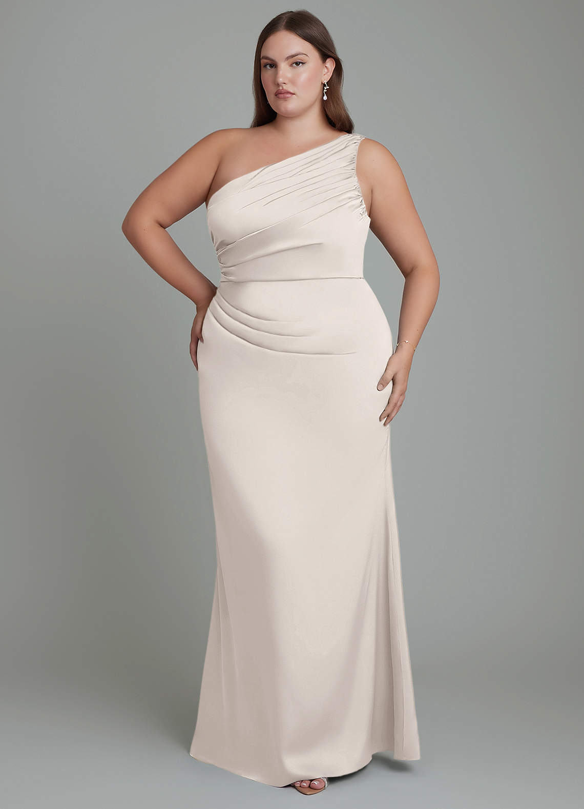 Azazie Akilah Bridesmaid Dresses White Alabaster Mermaid One Shoulder Stretch Satin Dress image1