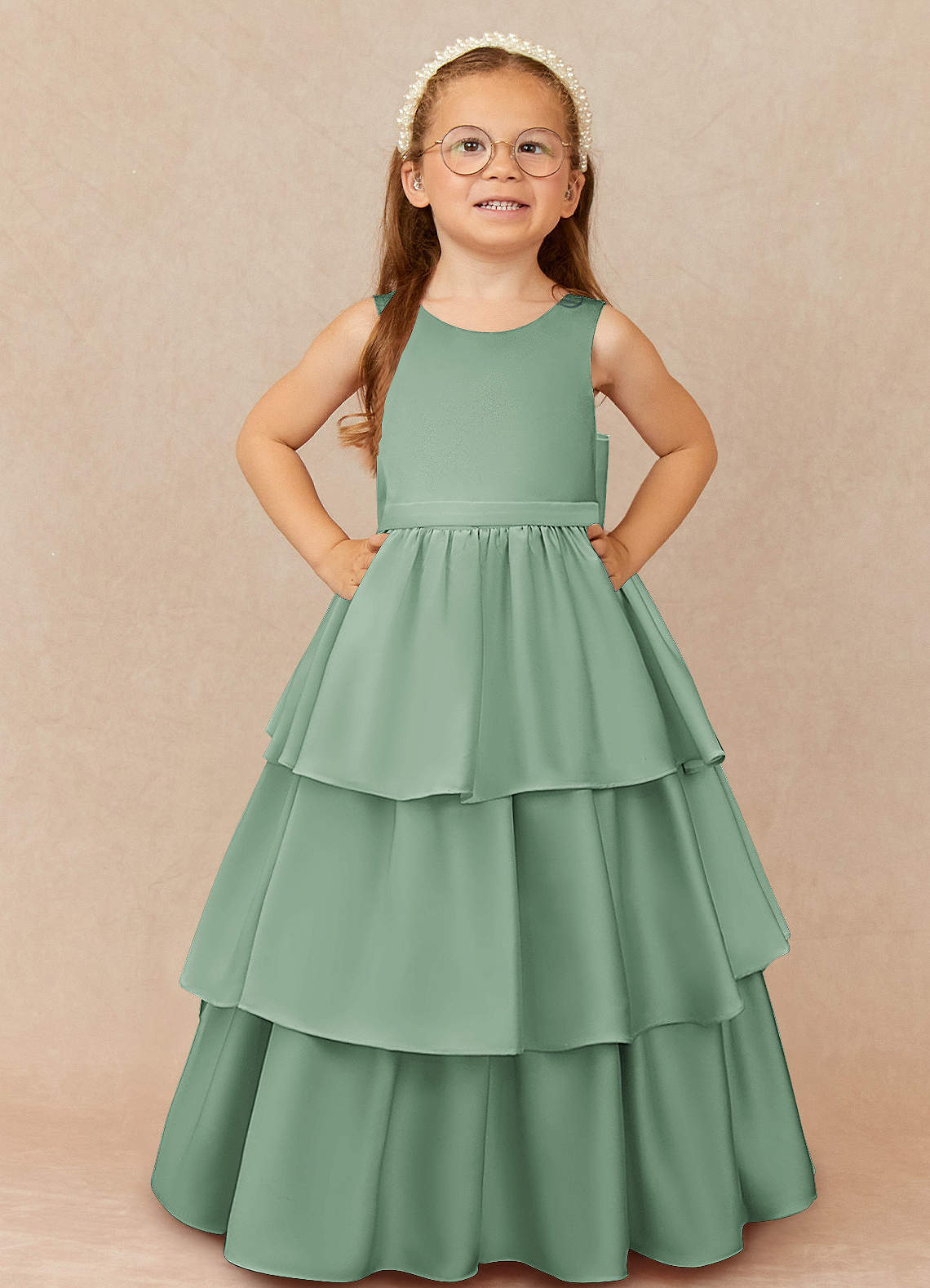 Azazie Margie Flower Girl Dresses Agave A-Line Bow Stretch Satin Dress image1