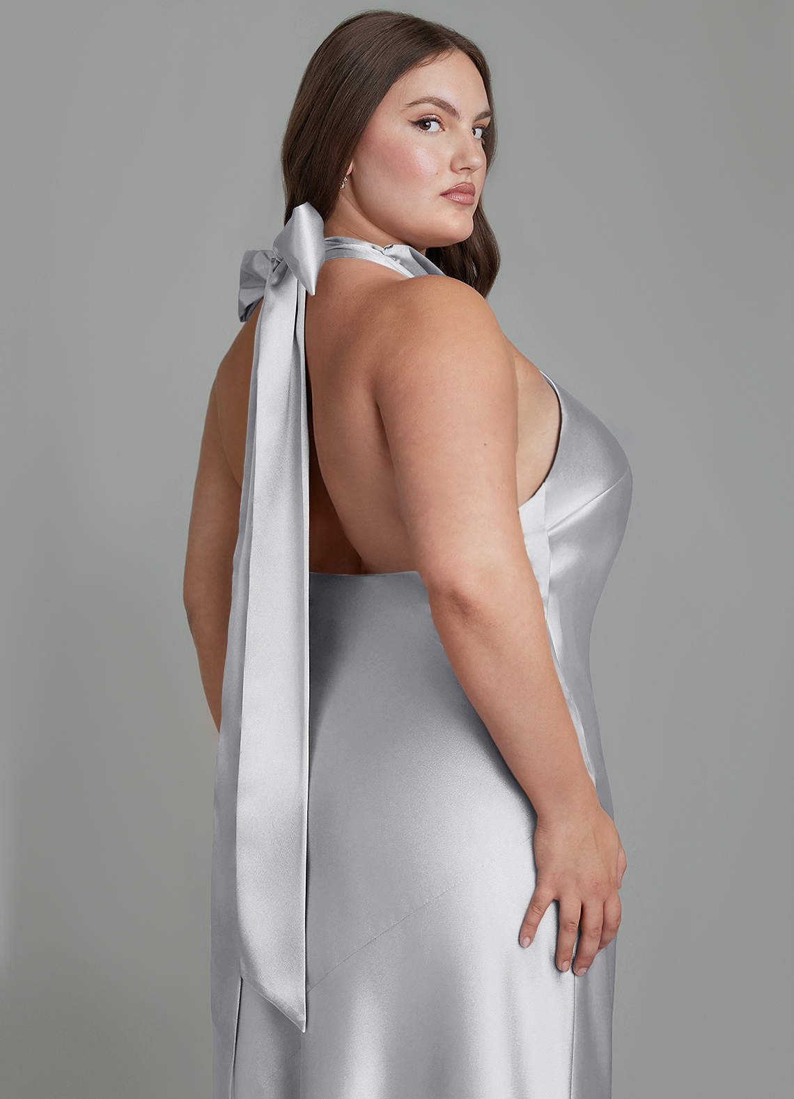 Azazie Velli Bridesmaid Dresses Silver Sheath High Neck Metallic Satin Dress image13
