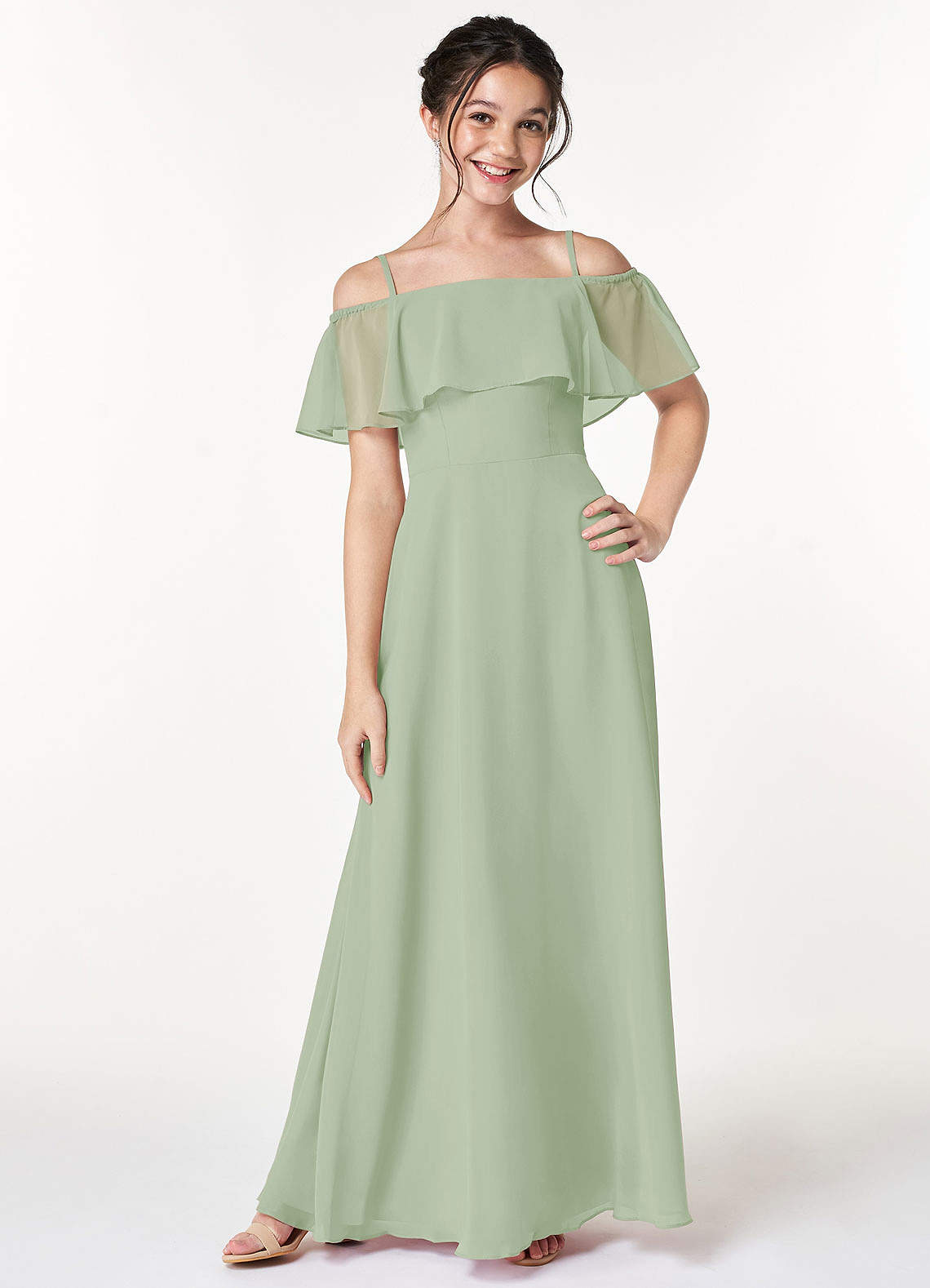 Azazie Maggie Junior Dusty Sage A-Line Off the Shoulder Chiffon Dress image1