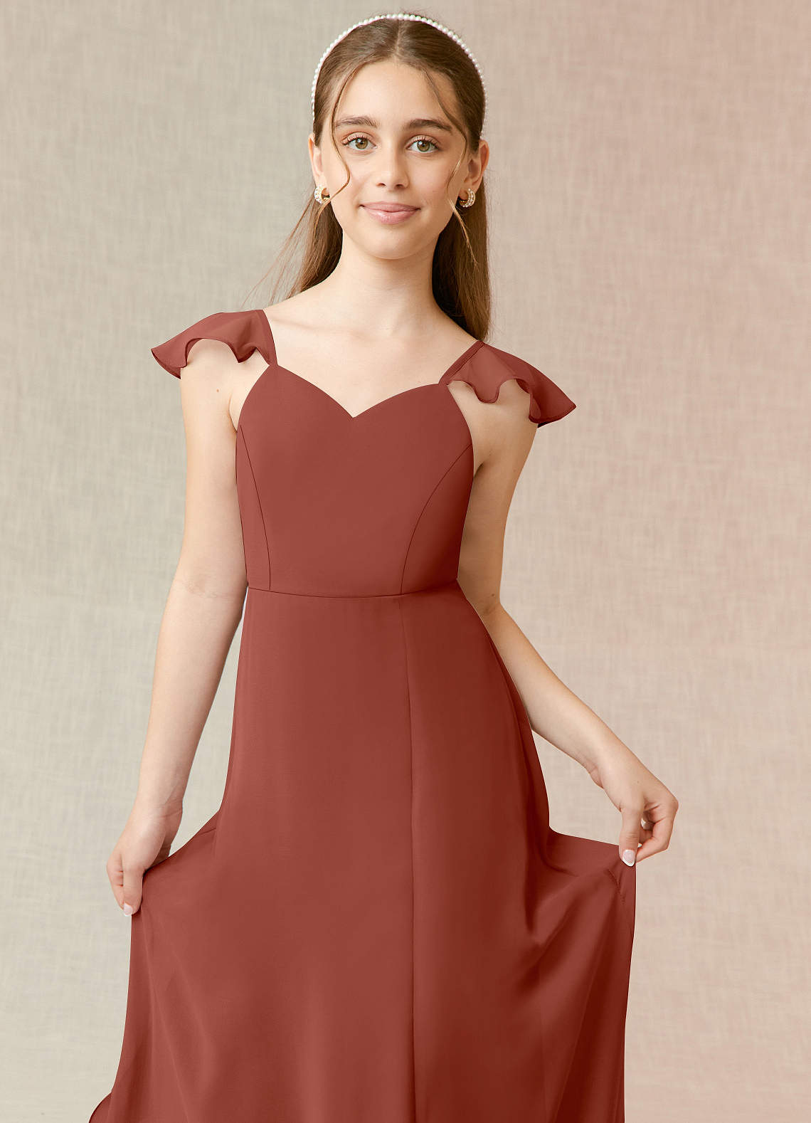 Azazie Everett Junior Vestido de Castaño de Gasa de Corte en A image4