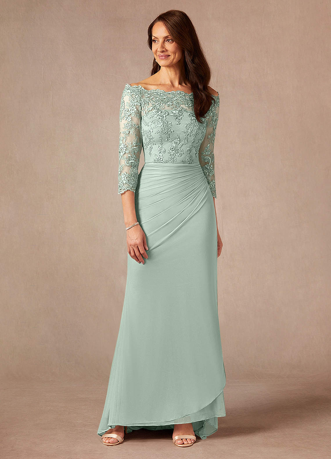 Azazie Rhonda Mother of the Bride Dresses Agave Mermaid Off the Shoulder Mesh Dress image1