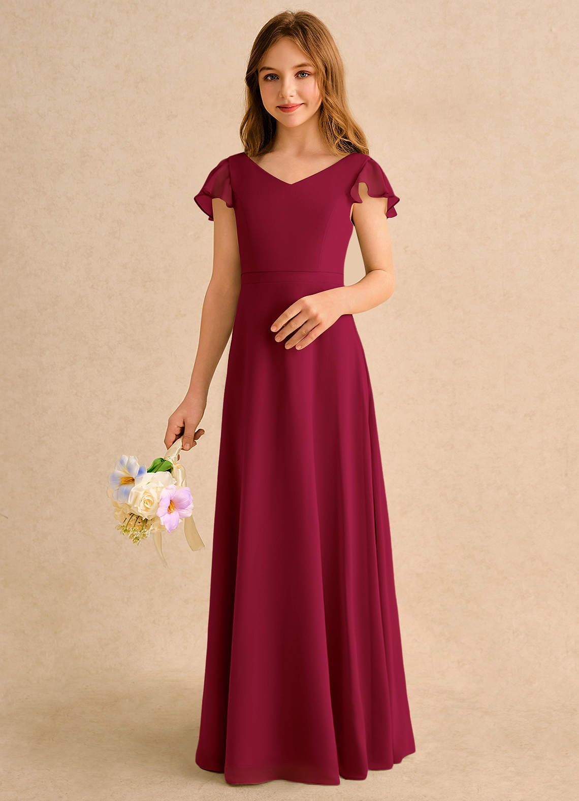 Azazie Nari Girls Formal Flower Girl Dresses Burgundy A-Line with Sleeves Chiffon Dress image3