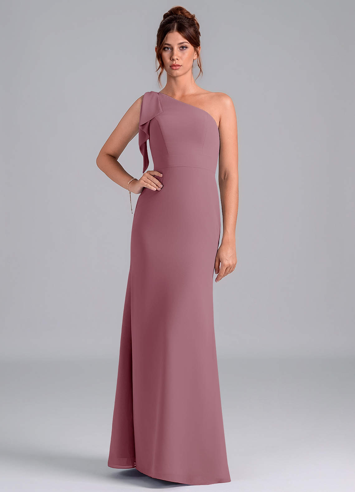 Azazie Rinna Bridesmaid Dresses Vintage Mauve Mermaid One Shoulder Chiffon Dress image1