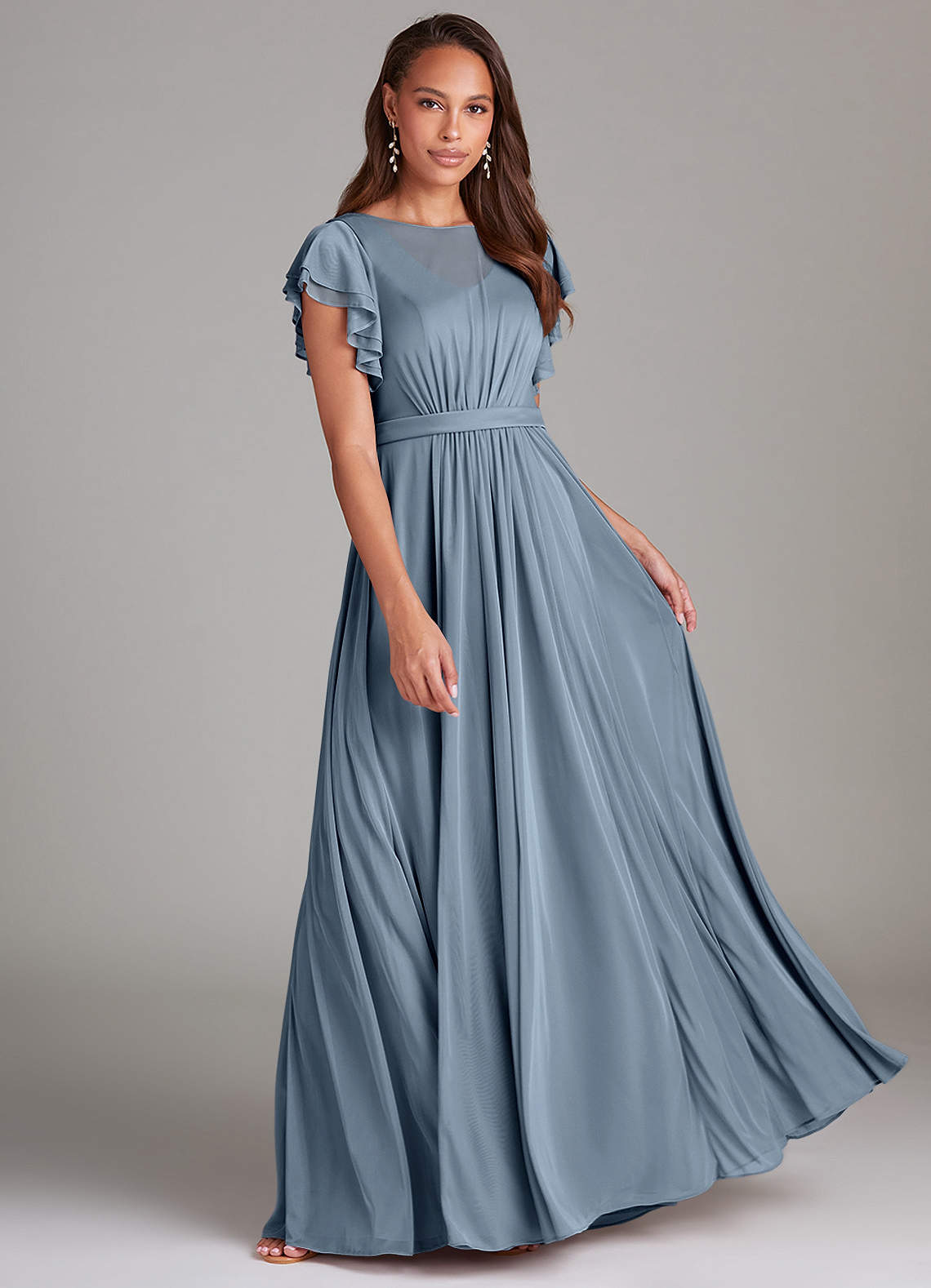 Azazie Daphne Modest Bridesmaid Dresses A-Line Ruched Mesh Floor-Length Dress image1