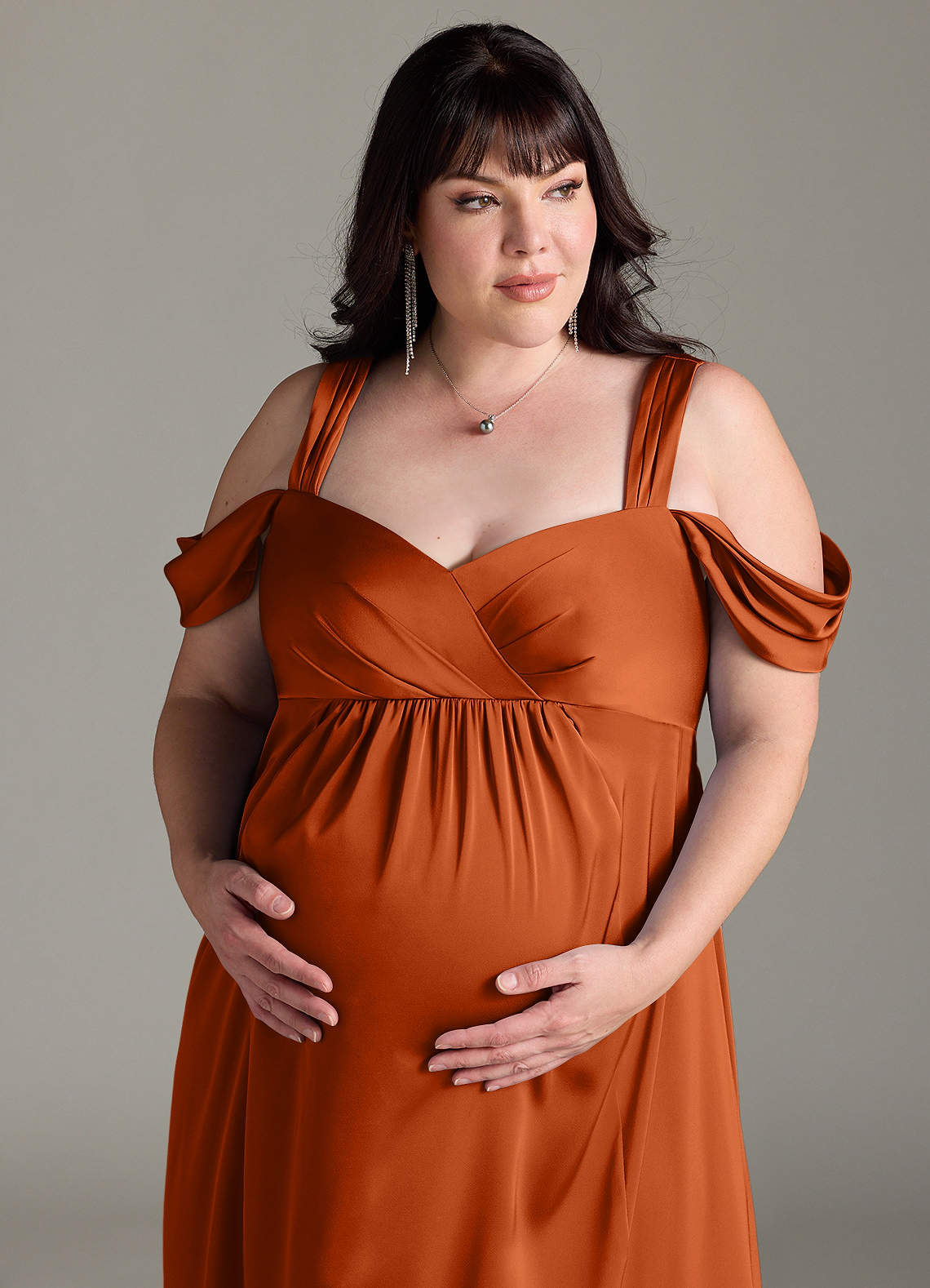 Azazie Rhea At-home Try On Dresses A-Line Off-The-Shouler Pleated Stretch Satin Floor-Length Dress image11