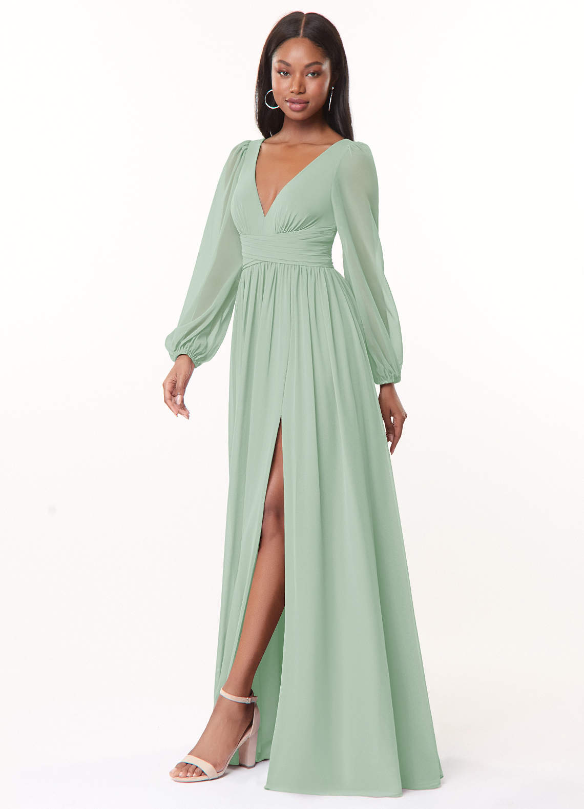 Azazie Norah Bridesmaid Dresses Agave A-Line V-Neck Long Sleeve Chiffon Dress image3