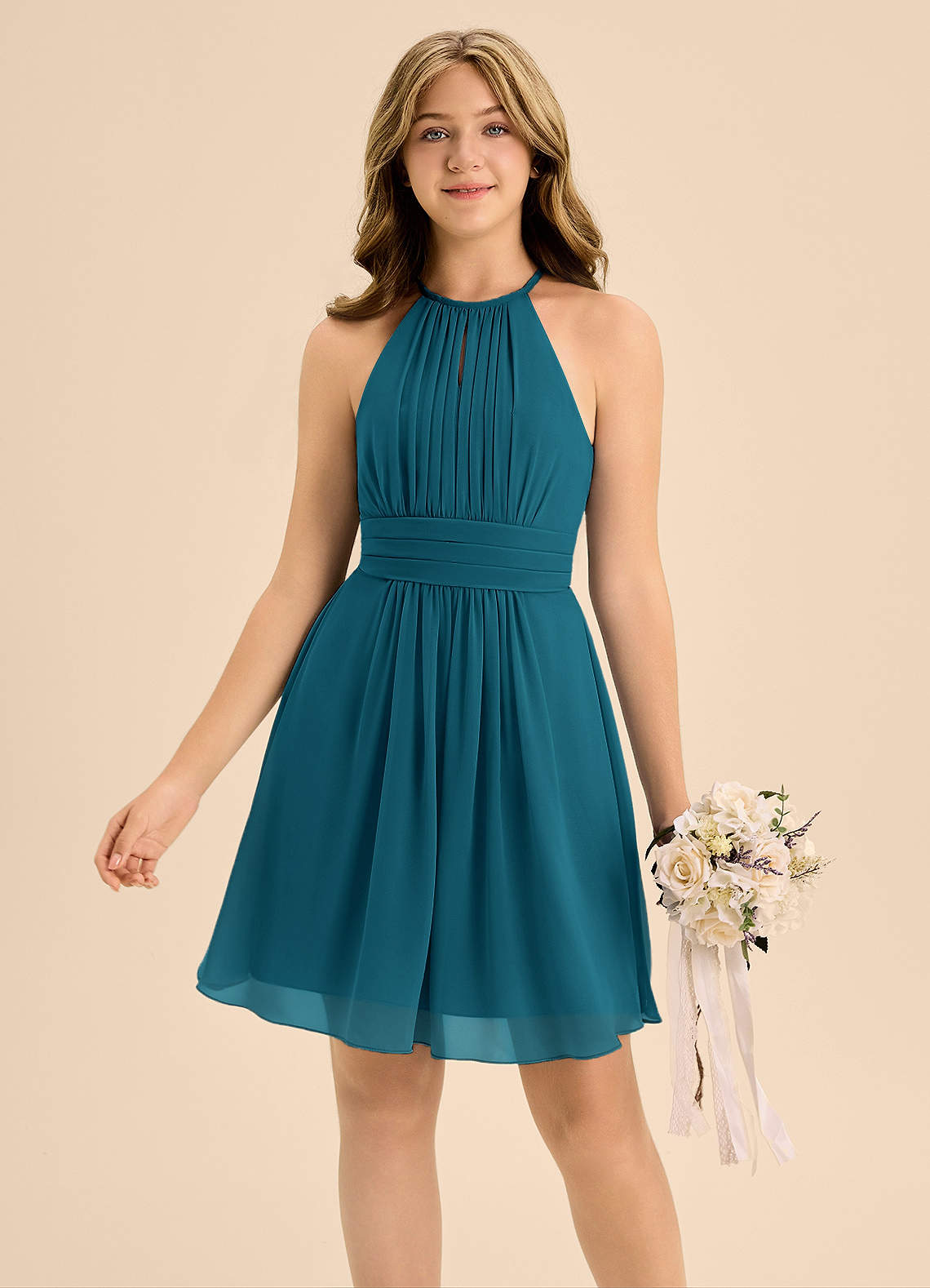 Azazie Bonnie Junior A-Linie Plissee Chiffon Kleid Tintenblau image2