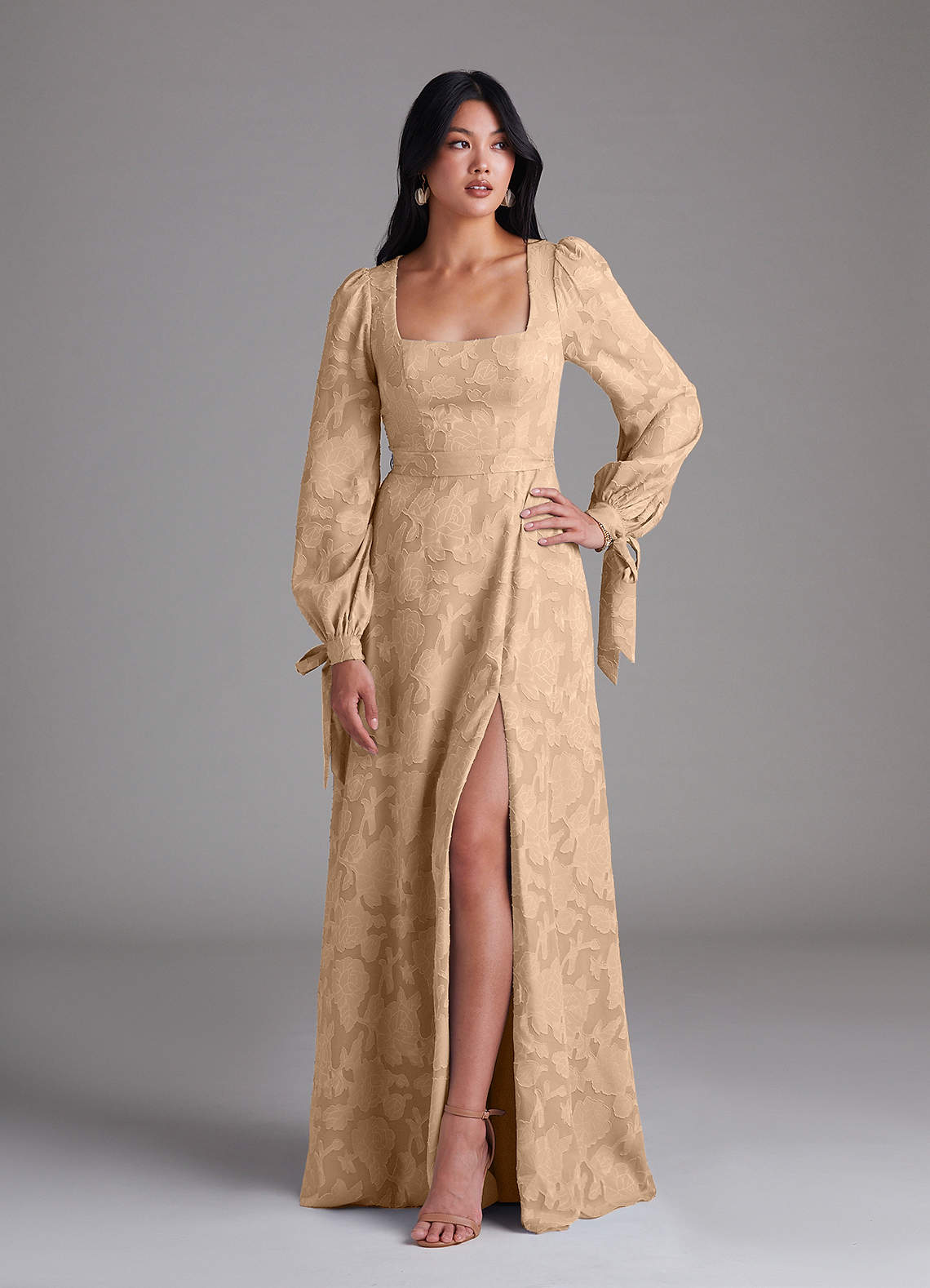 Azazie Leonia Bridesmaid Dresses Champagne A-Line Long Sleeve Floral Burnout Dress image1