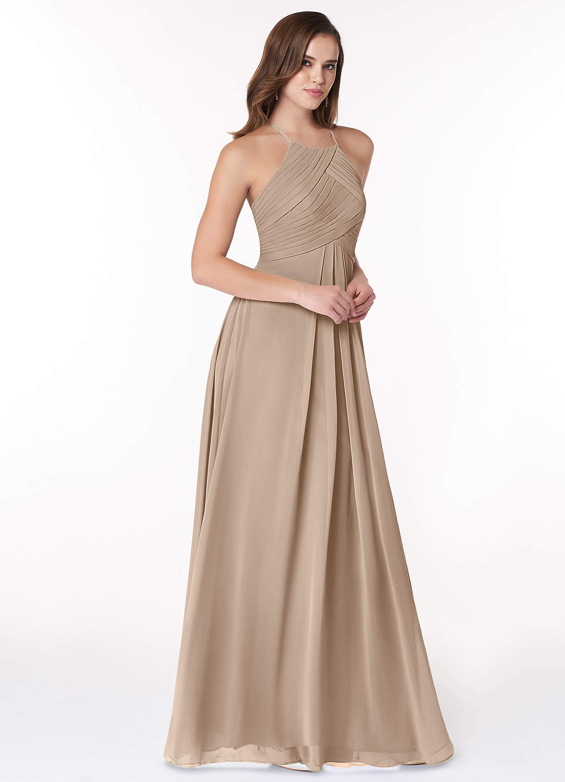 Azazie Ginger Bridesmaid Dresses Taupe A-Line Halter Pleated Chiffon Dress image1