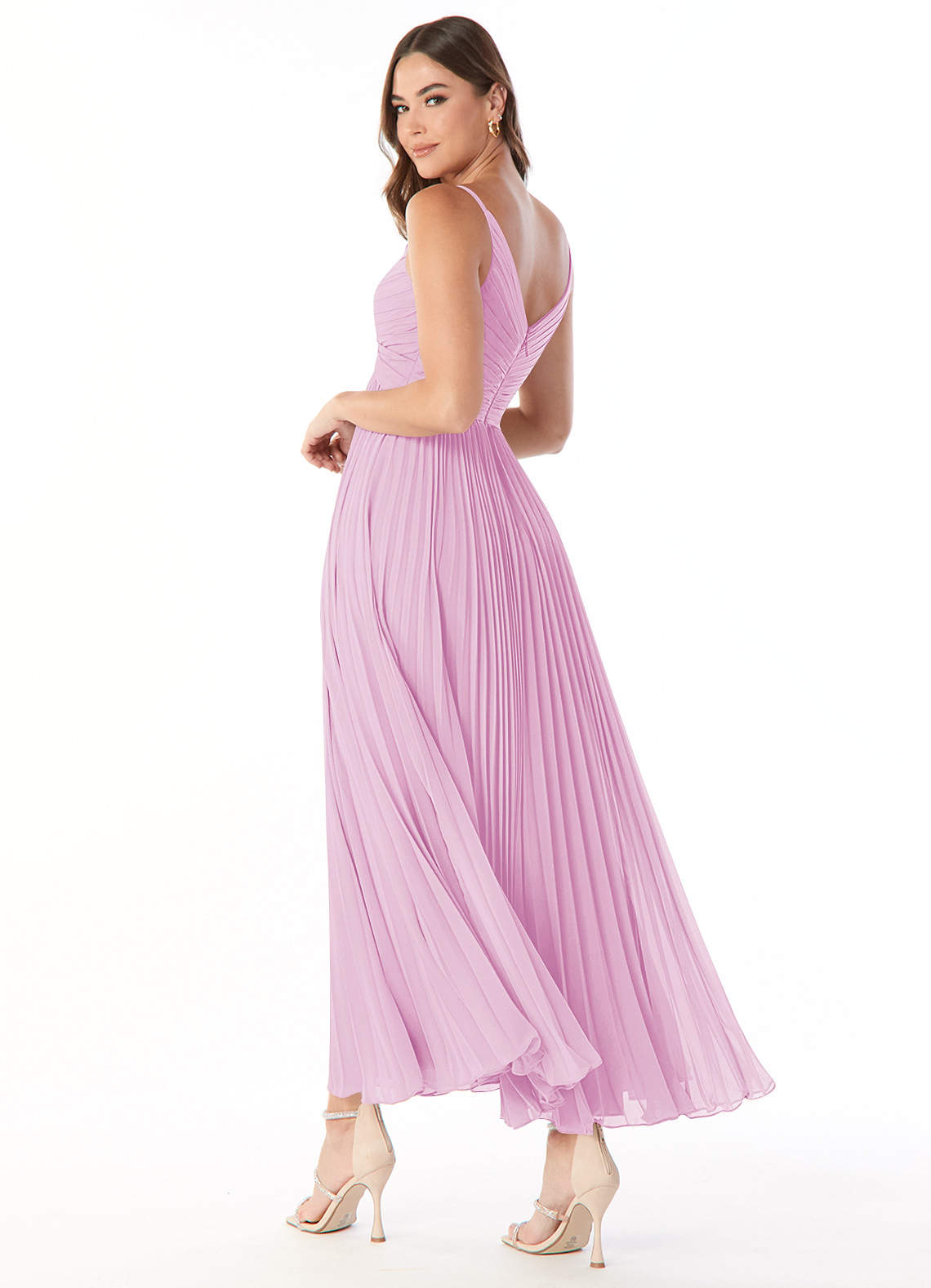Azazie Raychelle Vestidos de damas de honor Vestido de Rosa Caramelo de Gasa de Línea A con Cuello en V image3