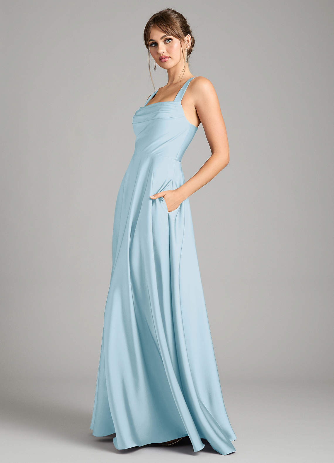 Azazie Shaude Bridesmaid Dresses Sky Blue A-Line Pleated Stretch Satin Dress image3