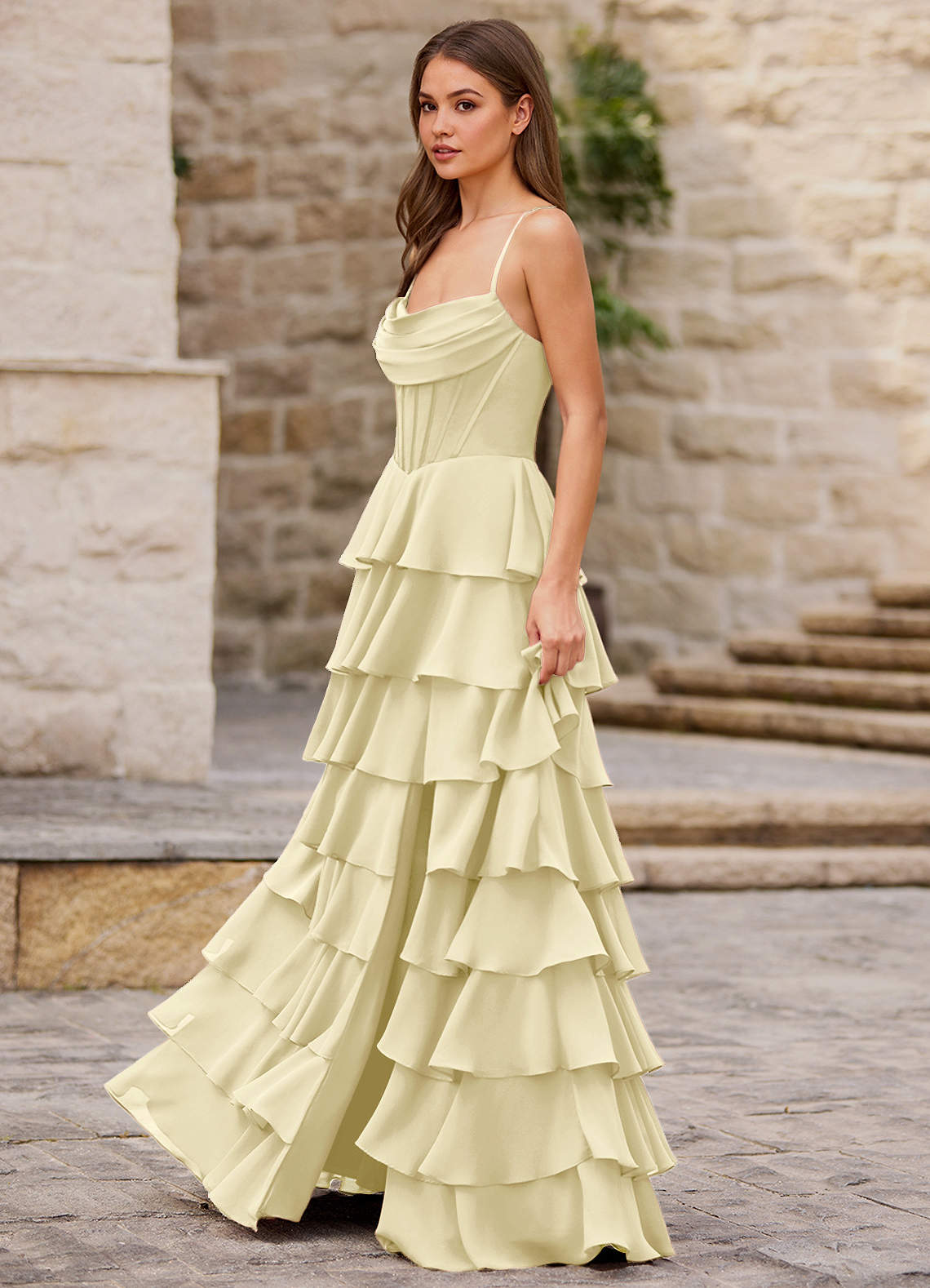 lemon formal dress Berylove Women Simple Lemon Yellow Ruffled Bridesmaid Dress Sleeveless A Line V-Neck Wedding Guest Dress, Lemon Yellow / custom main image 1