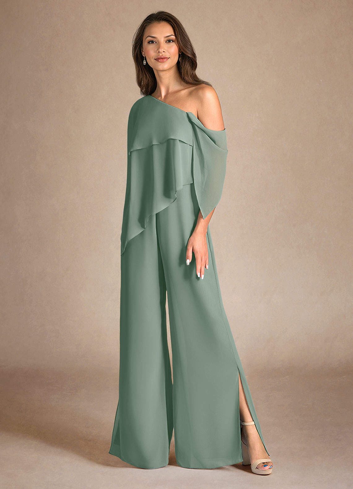 Azazie Halima Vestidos para mãe da noiva Vestido Sálvia Prateada de Chiffon de Macacão/terninho com Fenda Lateral image5