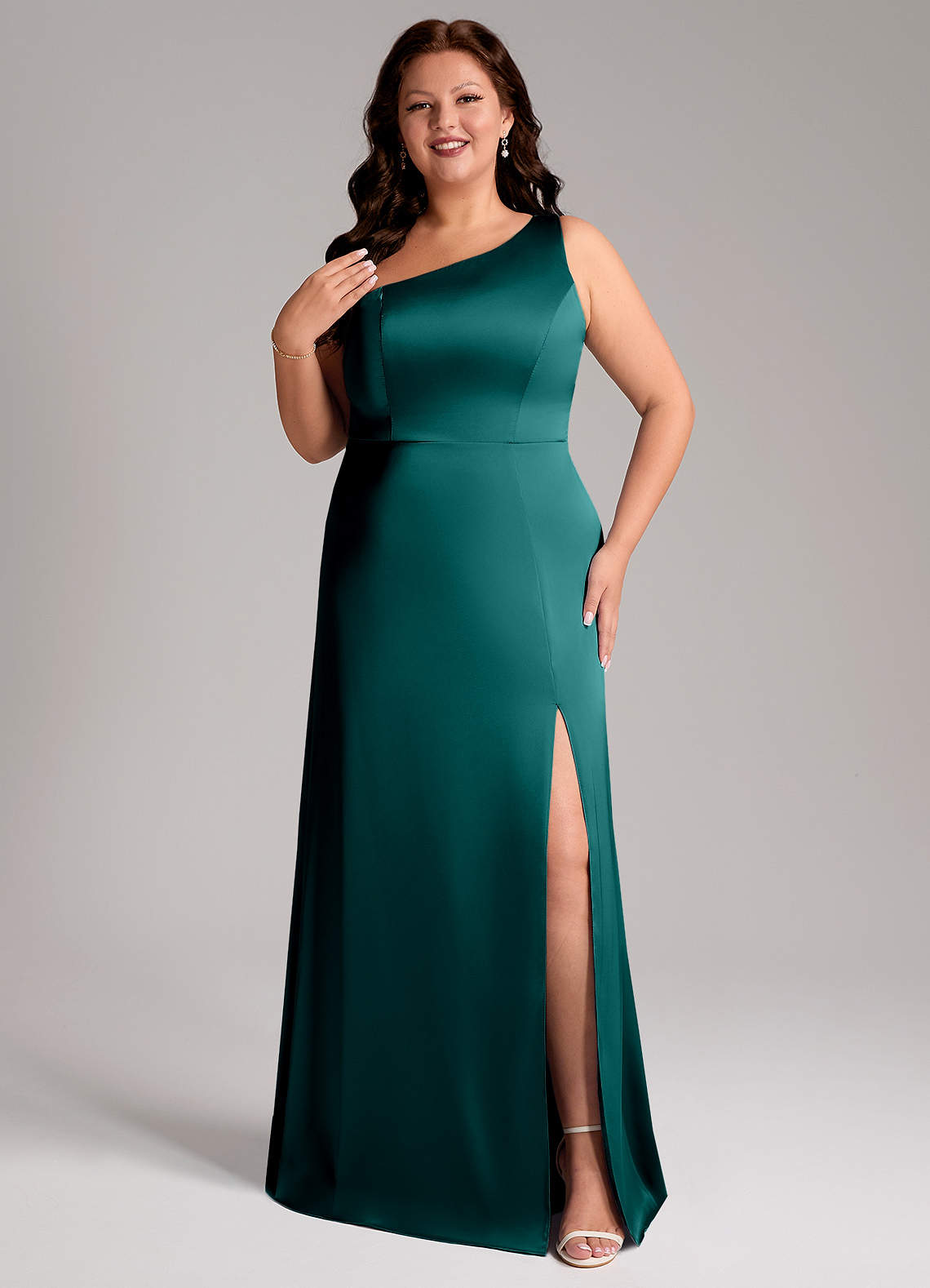 Azazie Phaedra Jurken voor bruidsmeisjes Jurk van Stretch Satijn met A-Lijn One-Shoulder Pauw image1