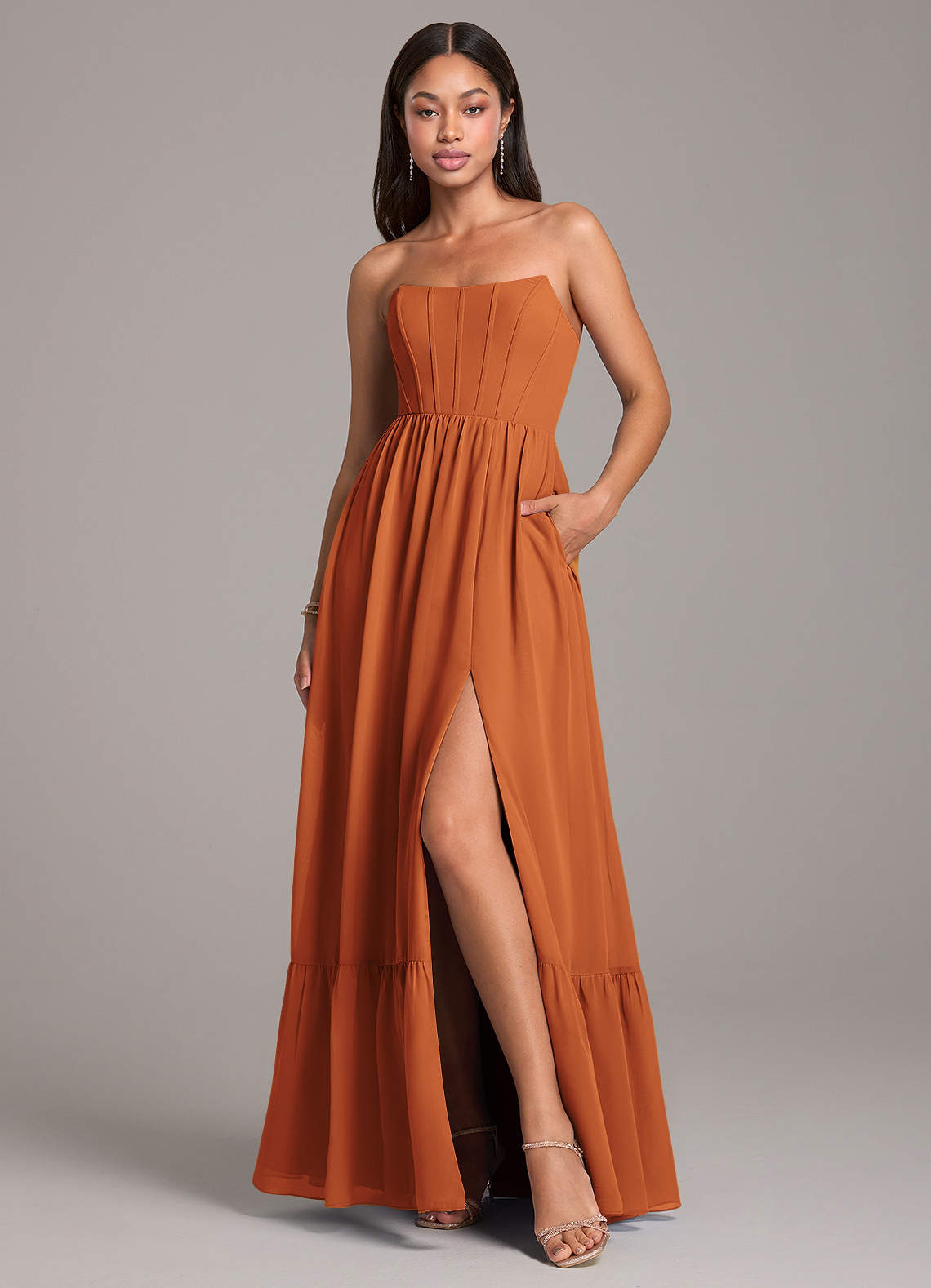 Azazie Kailee Bridesmaid Dresses Cinnamon A-Line with Pockets Chiffon Dress image1