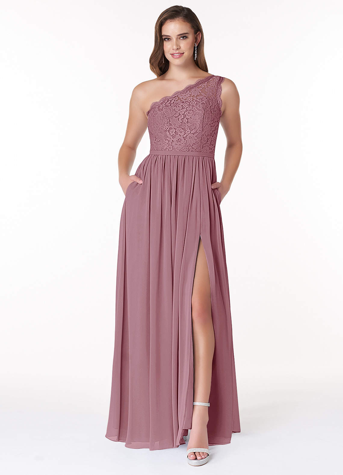 Azazie Demi Bridesmaid Dresses Vintage Mauve A-Line One Shoulder Chiffon Dress image1