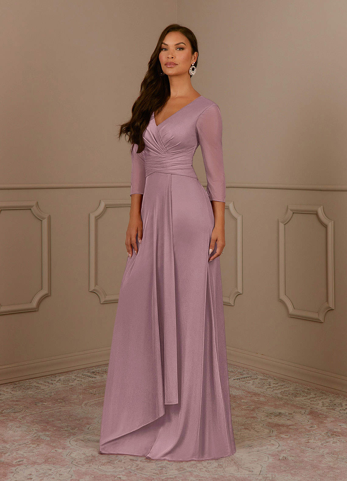 Azazie Annetta Mother of the Bride Dresses Dusty Rose A-Line V-Neck Pleated Mesh Dress image1