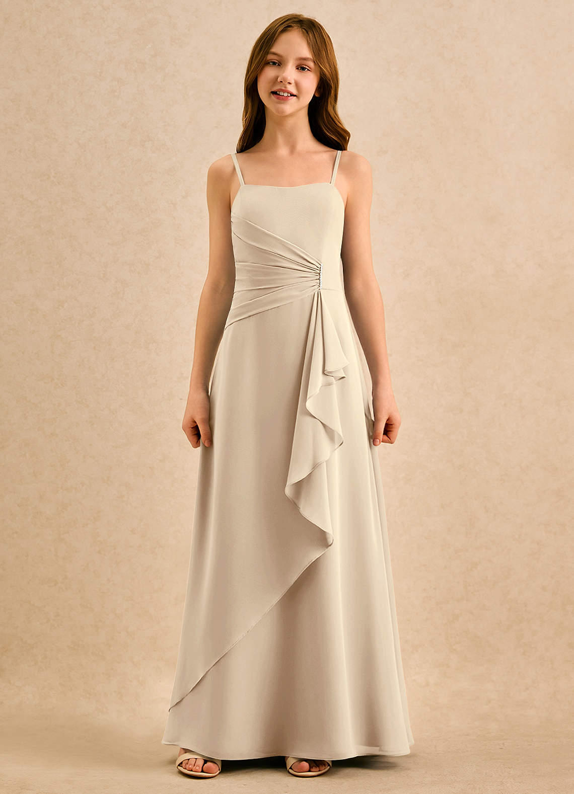 Azazie lolly Girls Formal Robe Demoiselle D'honneur Fillette Robe Trapèze en Mousseline de soie Plissée Champagne image3