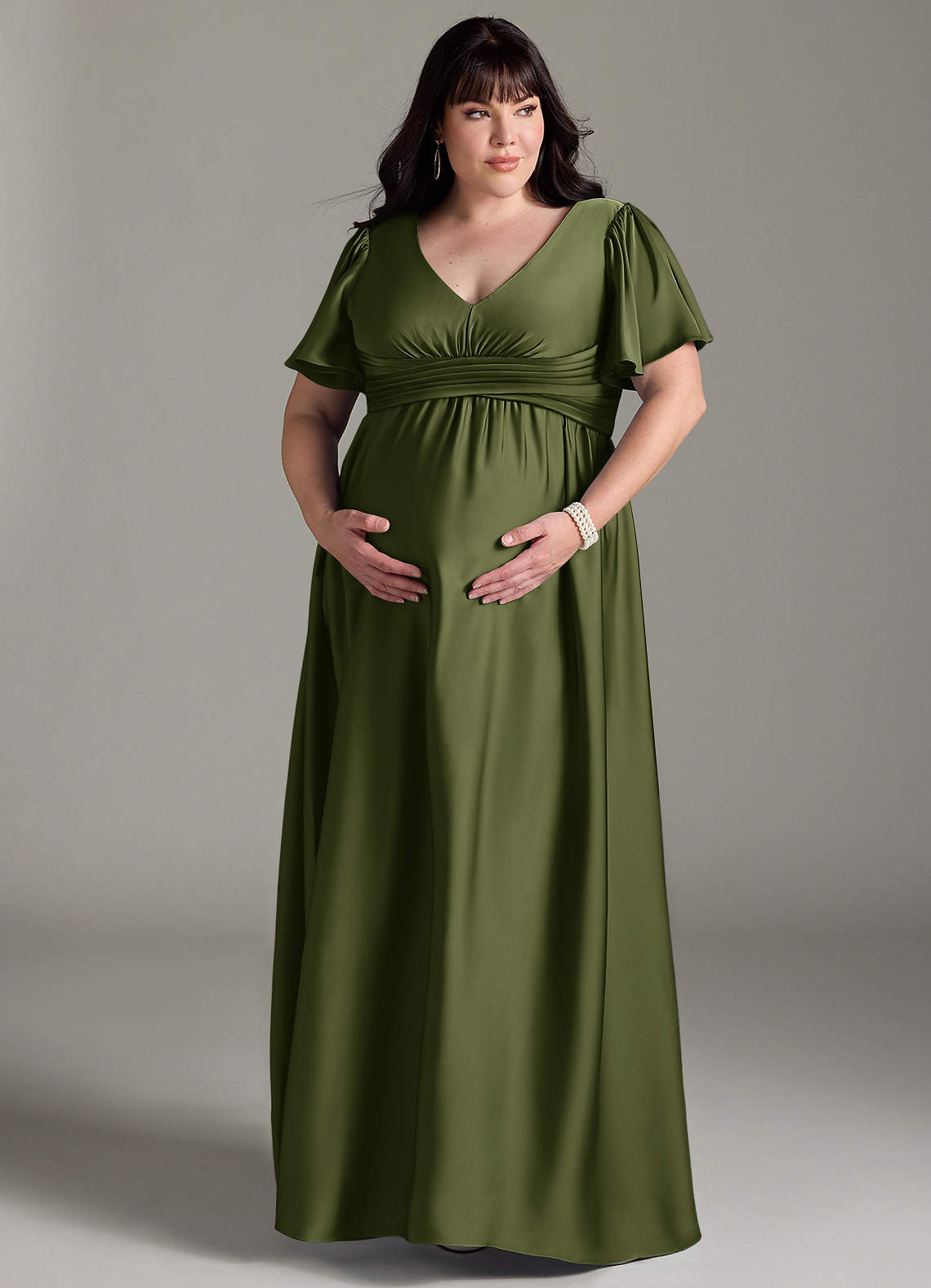 Azazie Verna vestidos de dama de honor de maternidad Vestido de Corte en A Volante Hasta el suelo Satén Elástico image12