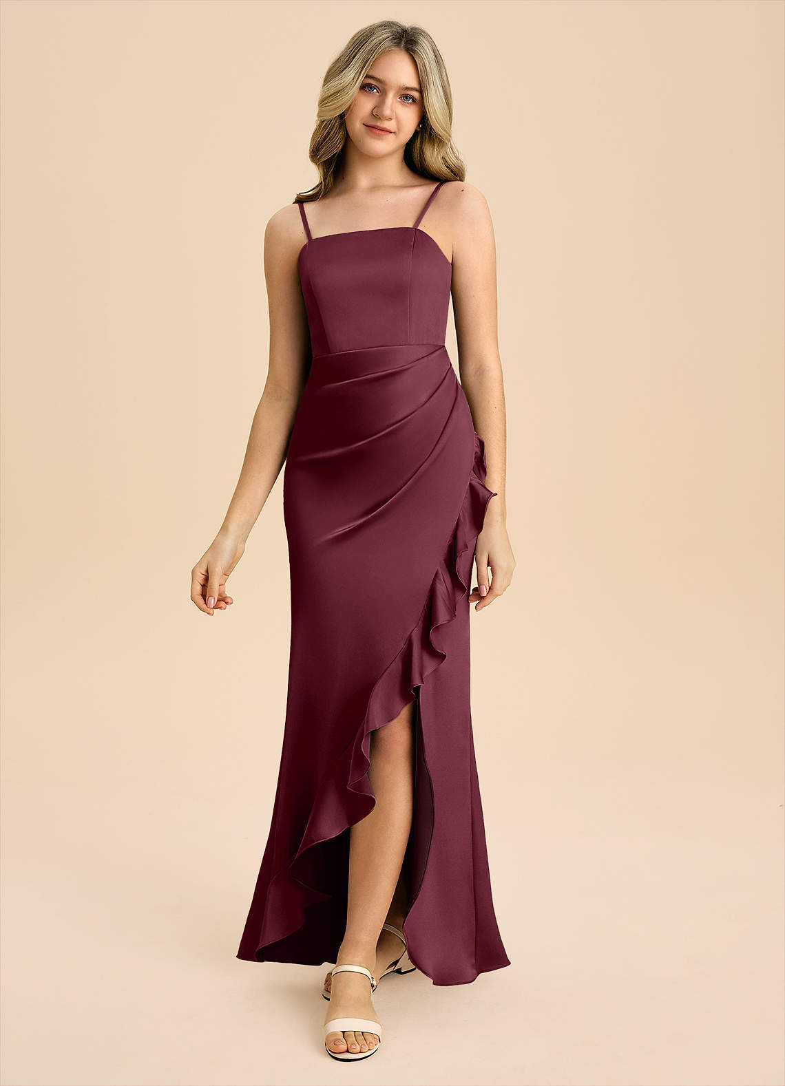 Azazie Buzzy Junior Cabernet Sheath Pleated Stretch Satin Dress image4