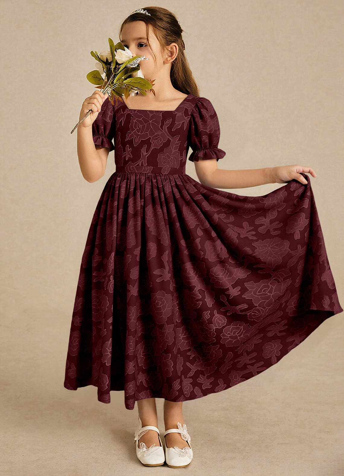 Azazie Joss Abiti da Ragazza di Fiori Abito A-Line in Burnout Floreale Con Maniche Cabernet image1