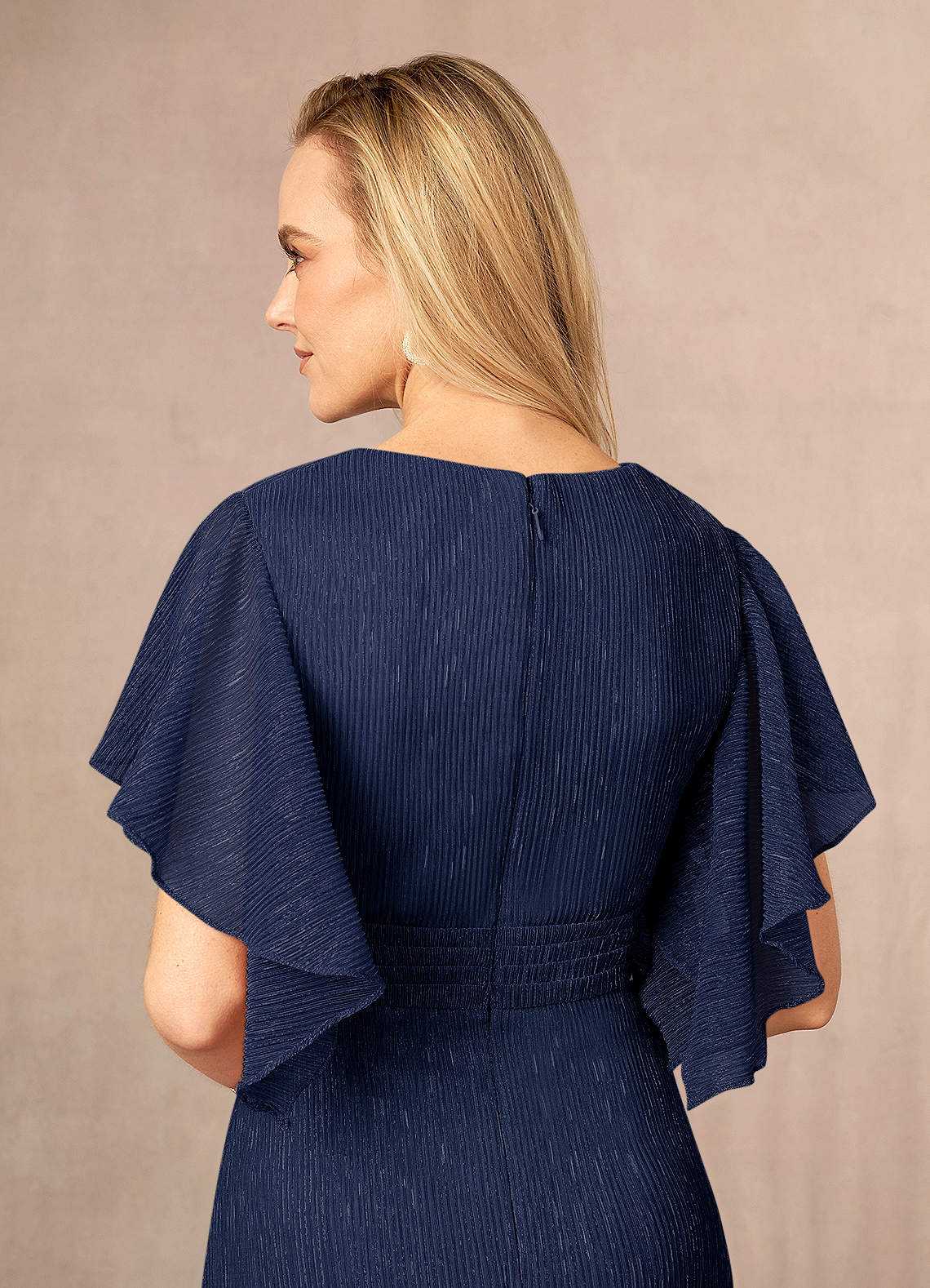 metallic flutter sleeve dress Pleated Metallic Flutter Sleeve A Line Gown