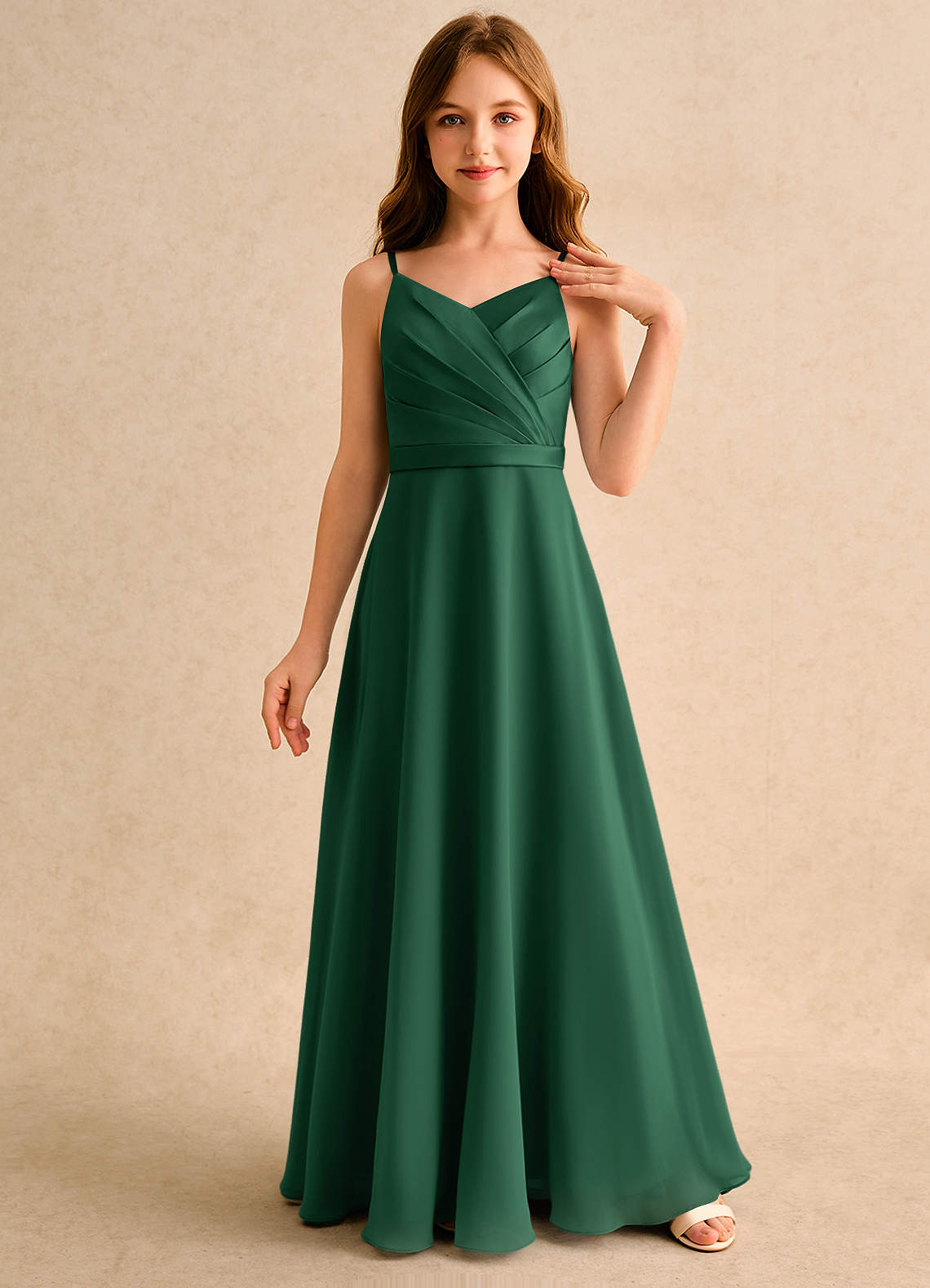 Azazie Umina Girls Formal Dark Green A-Line Pleated Matte Satin Dress |  Azazie