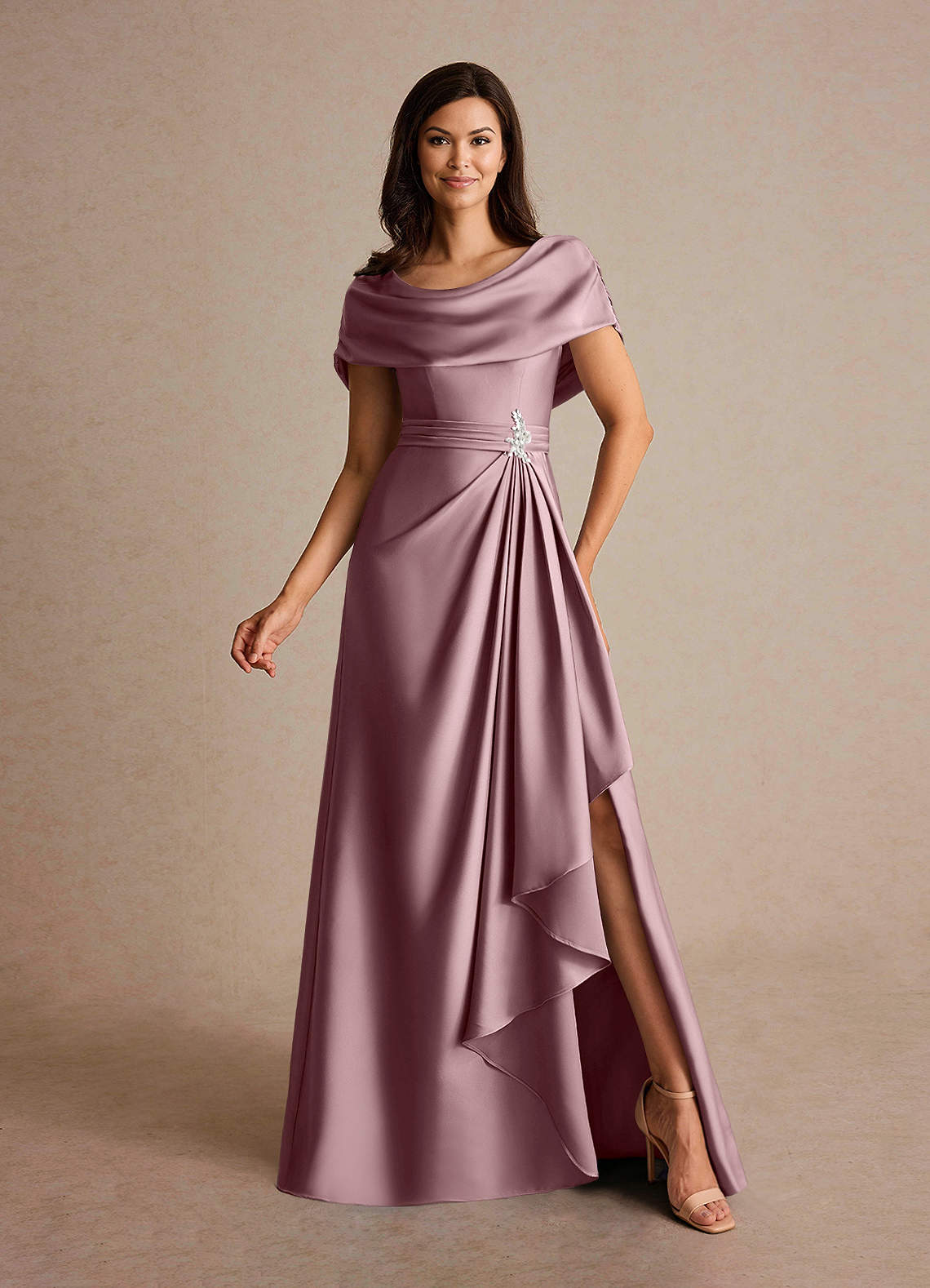 Azazie Branford Mother of the Bride Dresses Dusty Rose A-Line Pleated Stretch Satin Dress image1