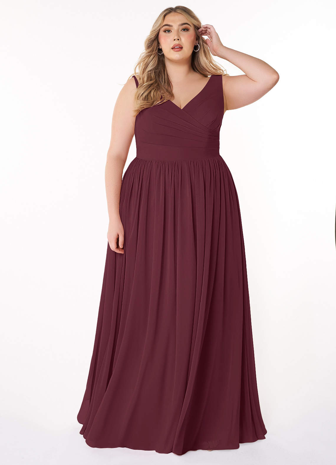 Azazie Keyla Bridesmaid Dresses Cabernet A-Line V-Neck Pleated Chiffon Dress image1