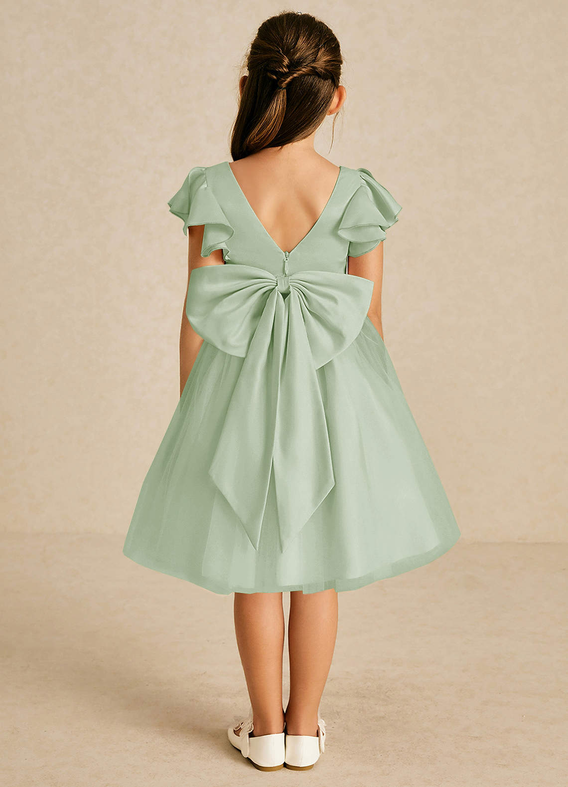 Azazie Kaeya Robe Demoiselle D'honneur Fillette Robe Trapèze en Tulle Arc Vert Sauge image1