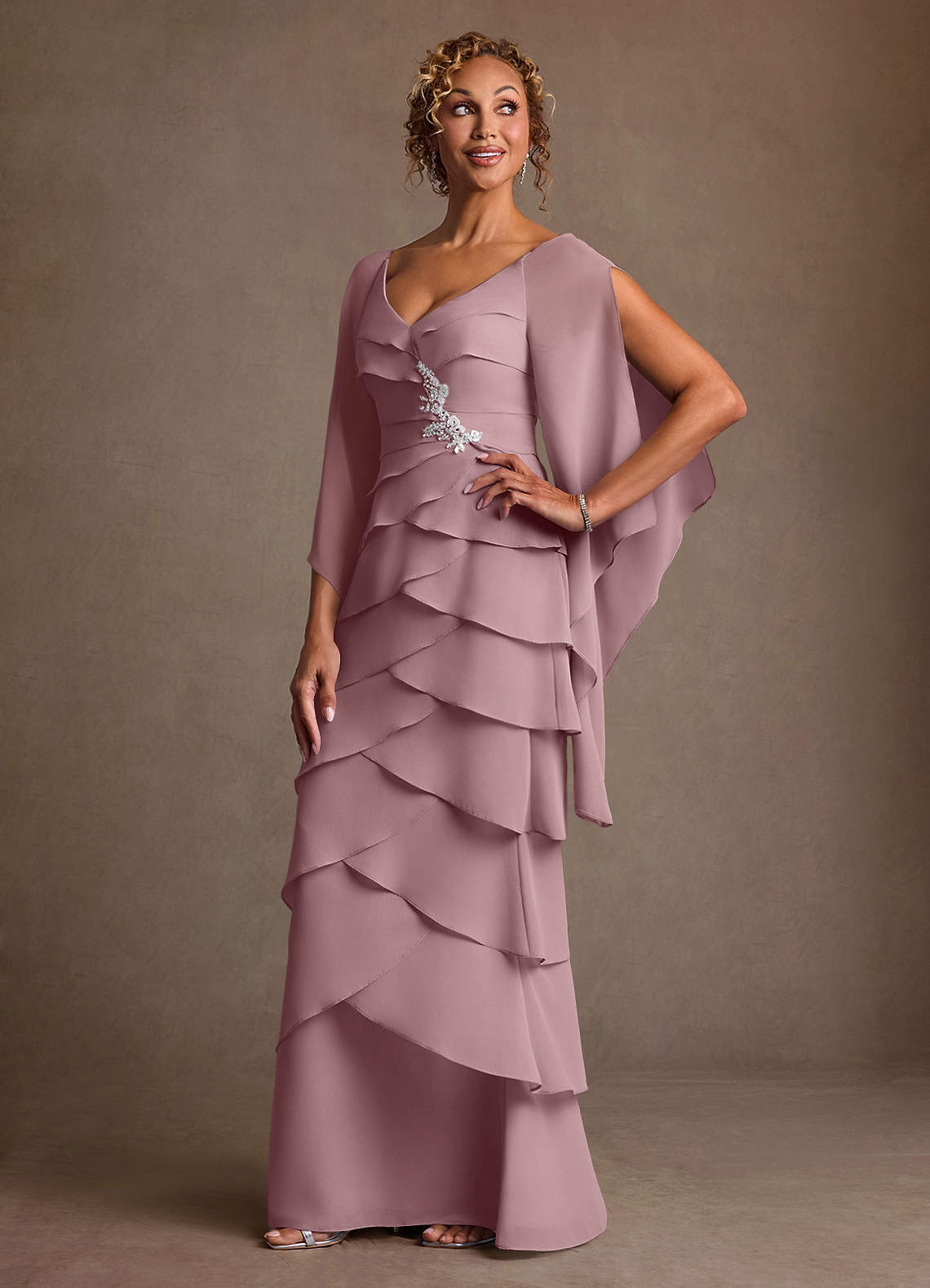 Azazie Arabinda Final Sale Dusty Rose Sheath Ruched Chiffon Dress image2