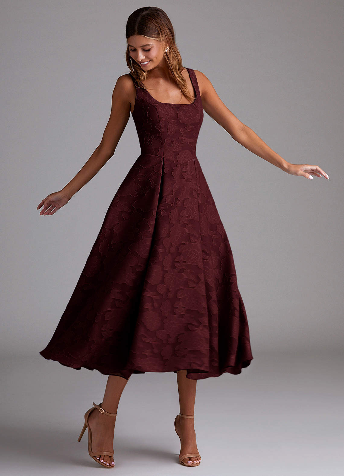Azazie Midi Dresses A-Line Wedding Guest Formal Dresses Square Wine