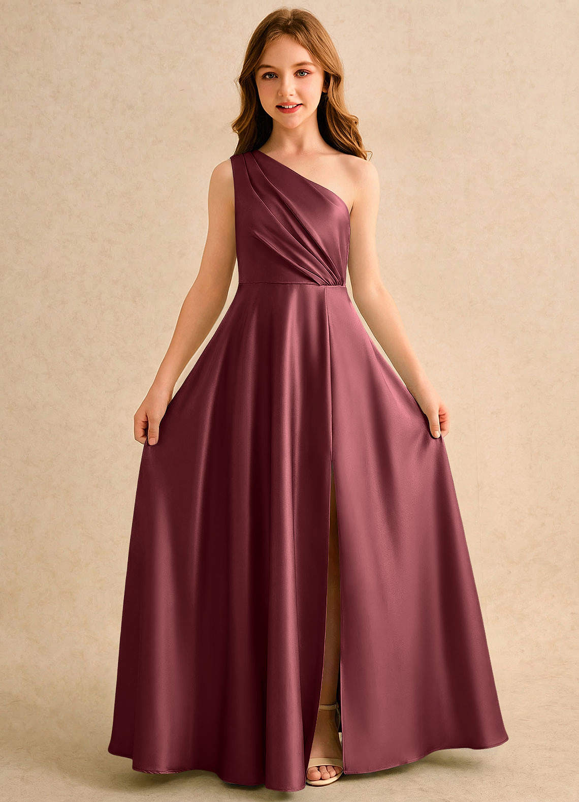 Azazie Puddles Girls Formal Robe Demoiselle D'honneur Fillette Robe Trapèze en Satin extensible Une épaule Merlot image4