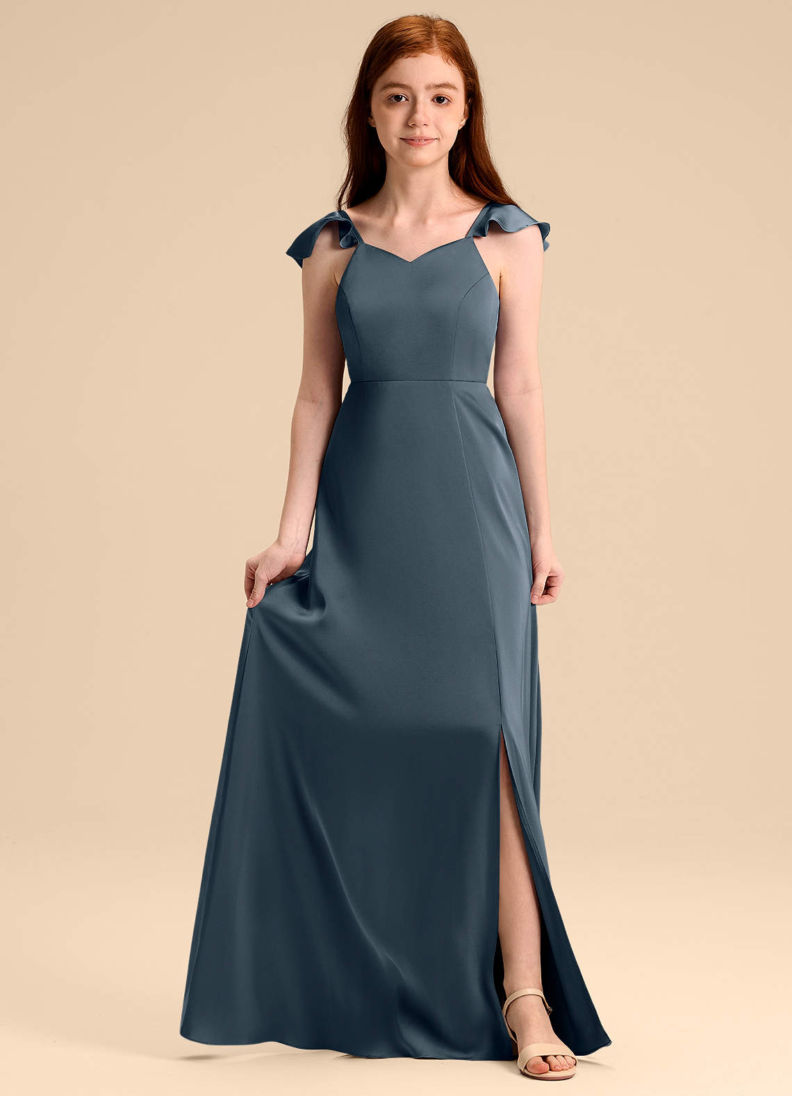 Azazie Everett Junior Vestido de Crepúsculo de Satén Elástico de Corte en A con Lazo image1