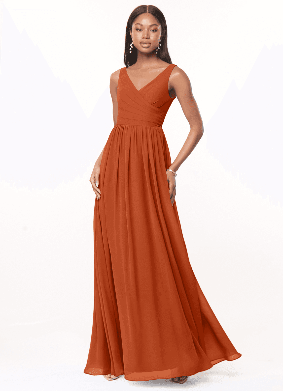 Azazie Keyla Bridesmaid Dresses Burnt Orange A-Line V-Neck Pleated Chiffon Dress image1